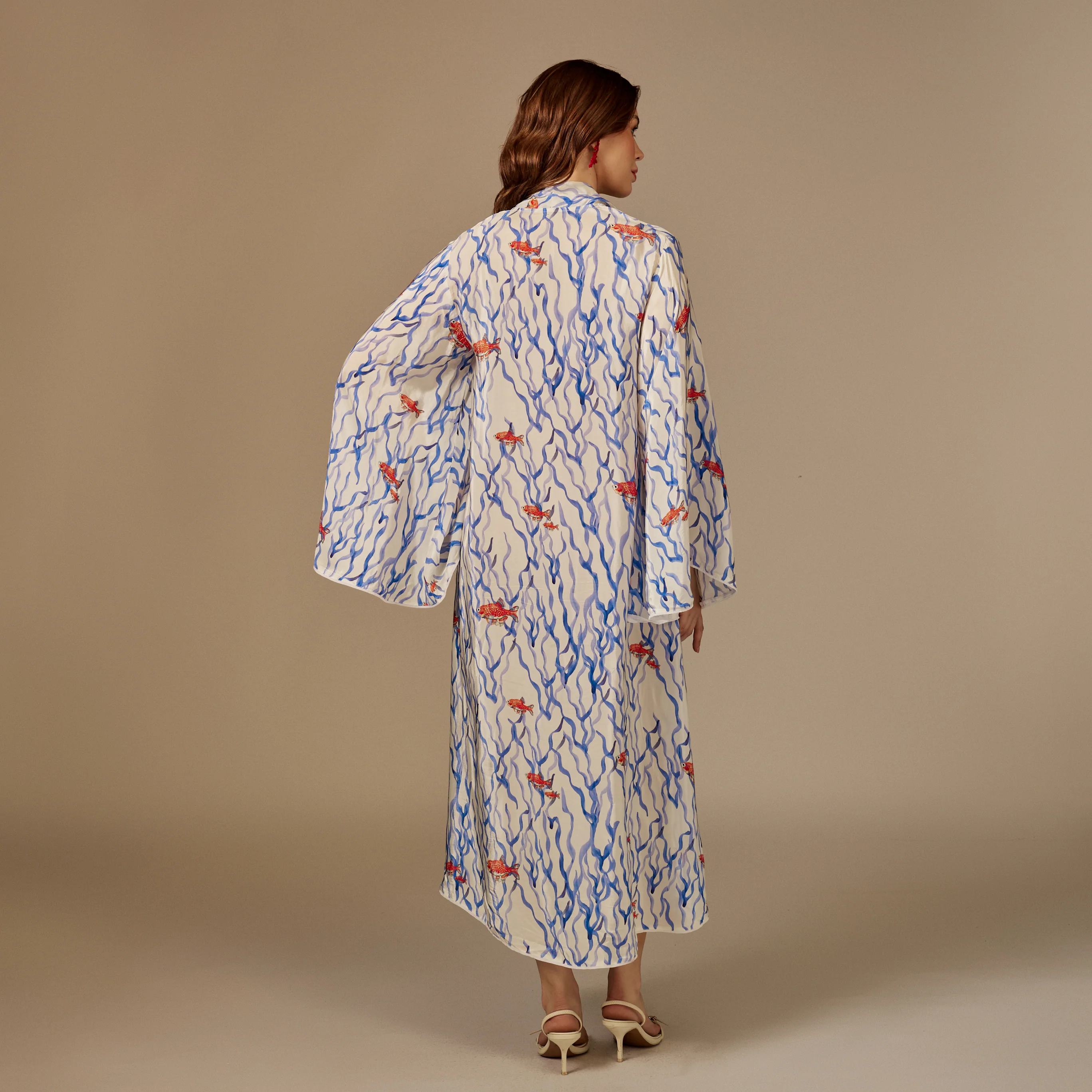 White And blue The Red Sea Breeze: Fish Motif Kaftan - Image 3