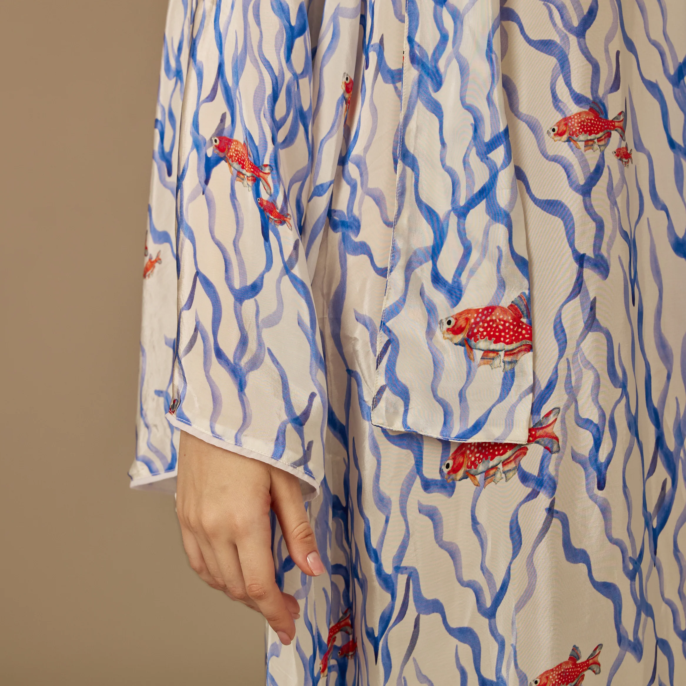 White And blue The Red Sea Breeze: Fish Motif Kaftan - Image 4