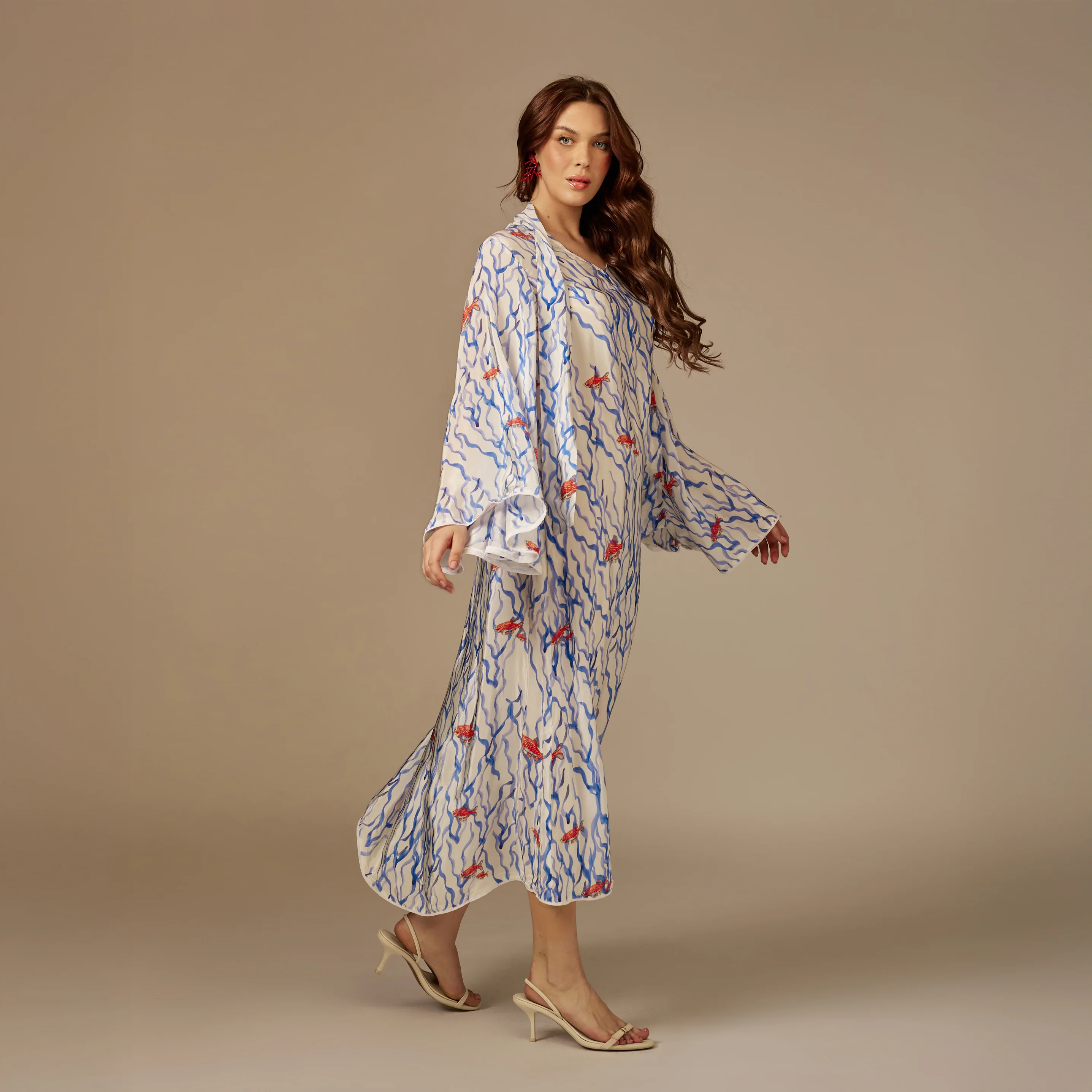 White And blue The Red Sea Breeze: Fish Motif Kaftan - Image 5