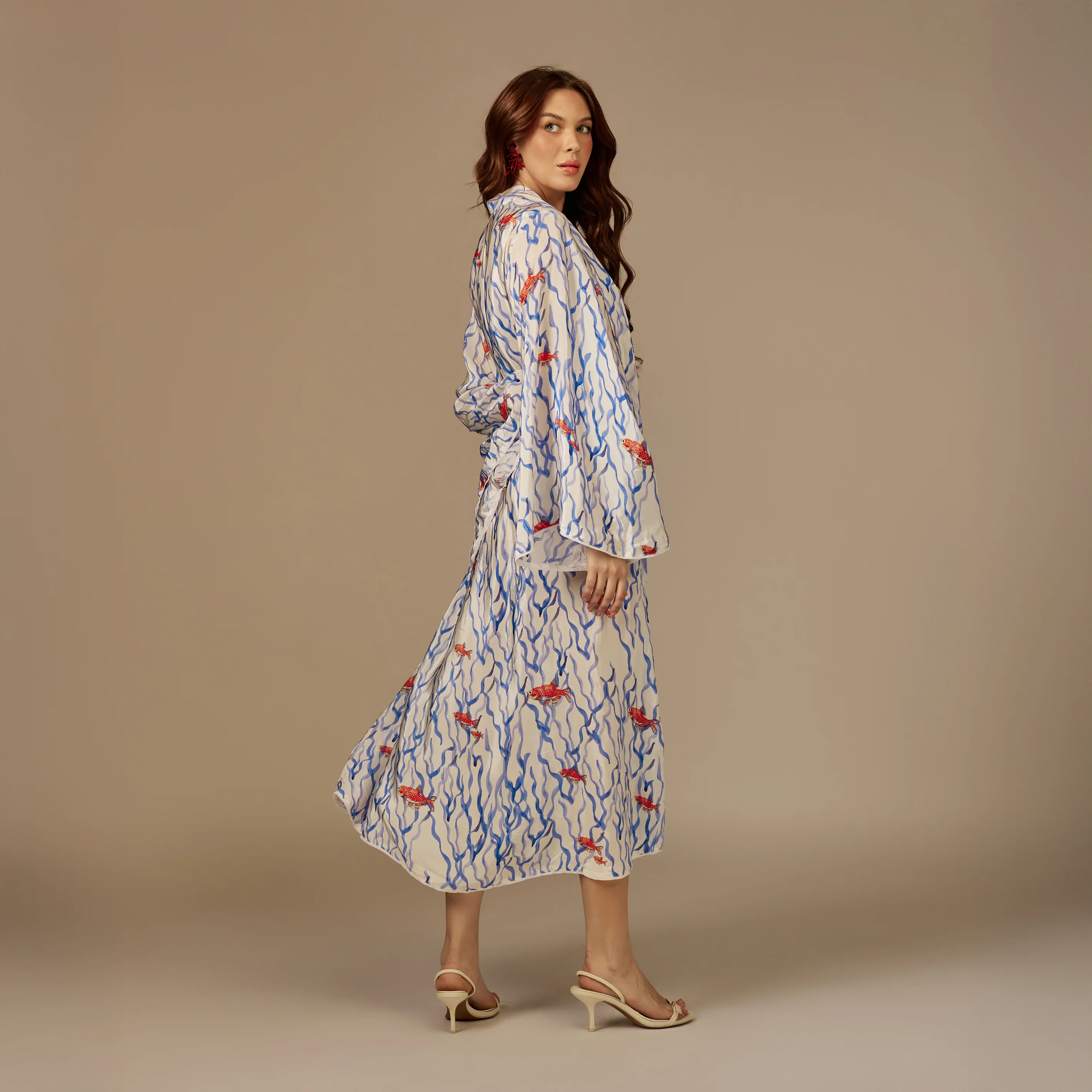 White And blue The Red Sea Breeze: Fish Motif Kaftan - Image 6
