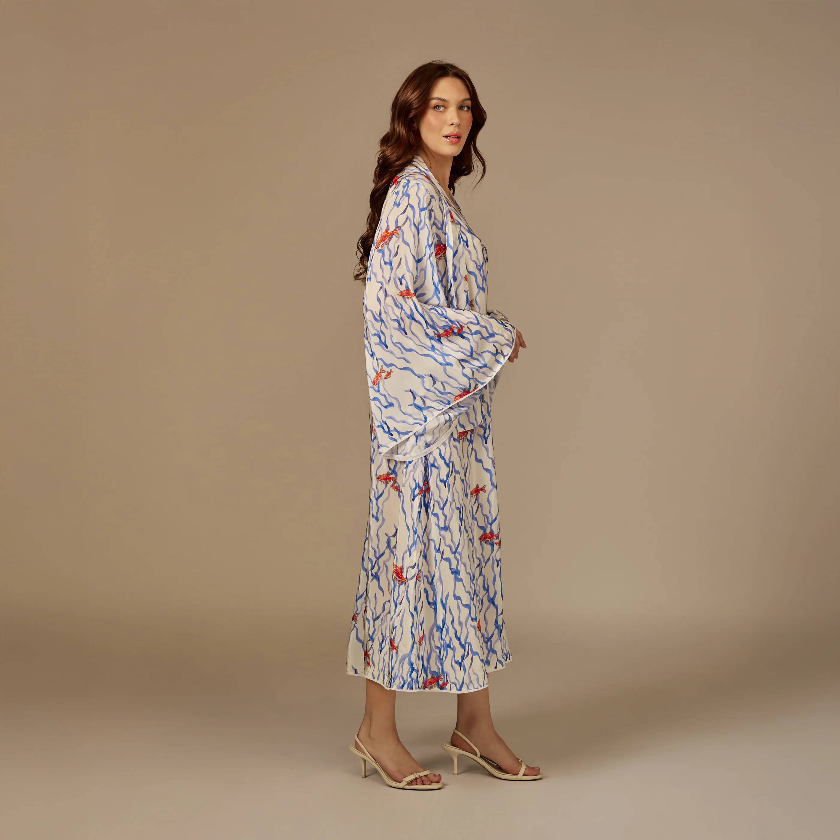White And blue The Red Sea Breeze: Fish Motif Kaftan - Image 7