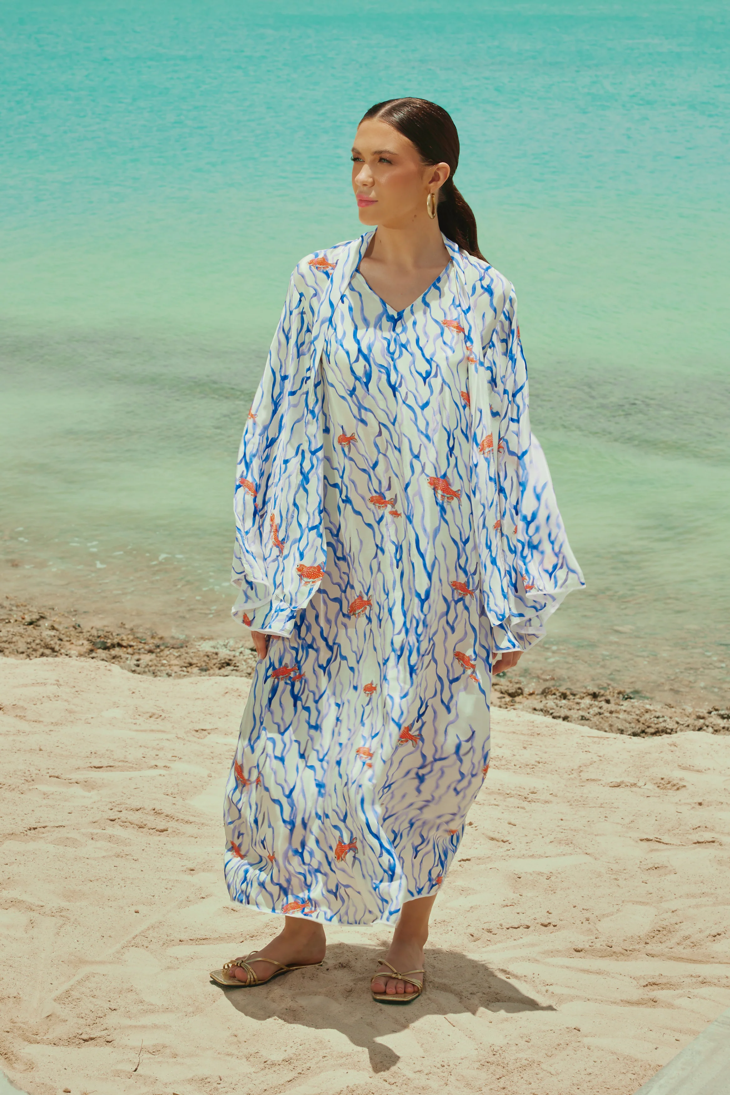 White And blue The Red Sea Breeze: Fish Motif Kaftan - Image 8
