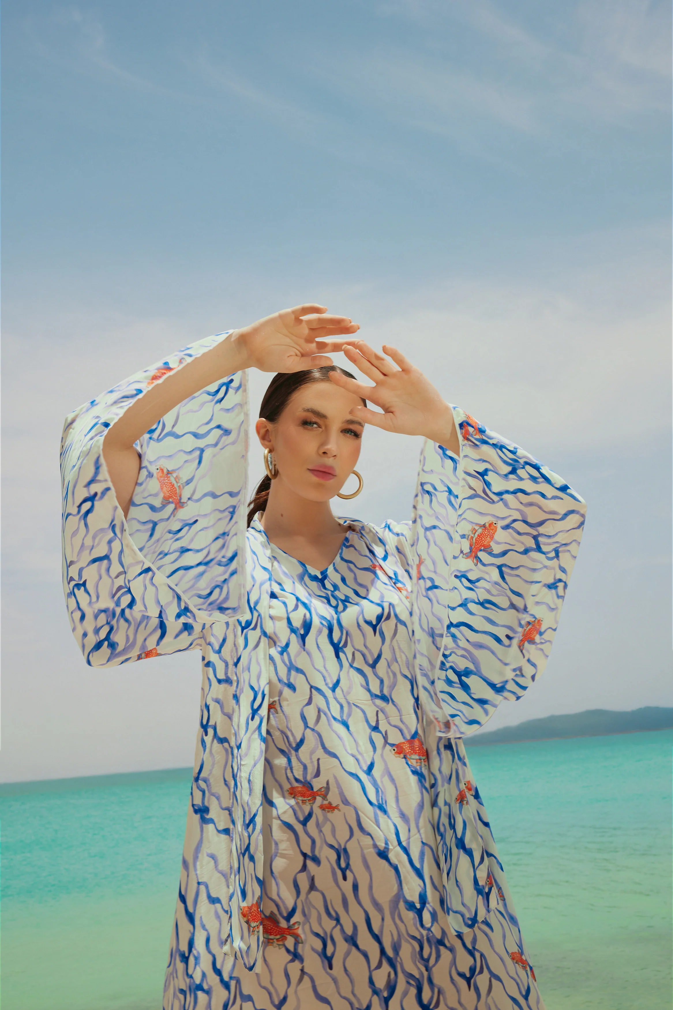 White And blue The Red Sea Breeze: Fish Motif Kaftan - Image 9