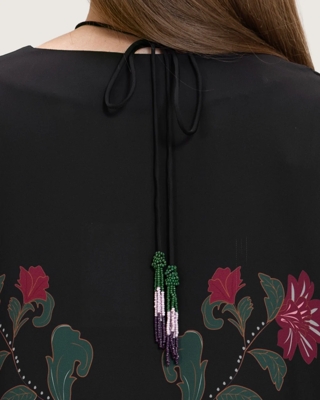 Satin Black Botanical Printed Kaftan - Image 3