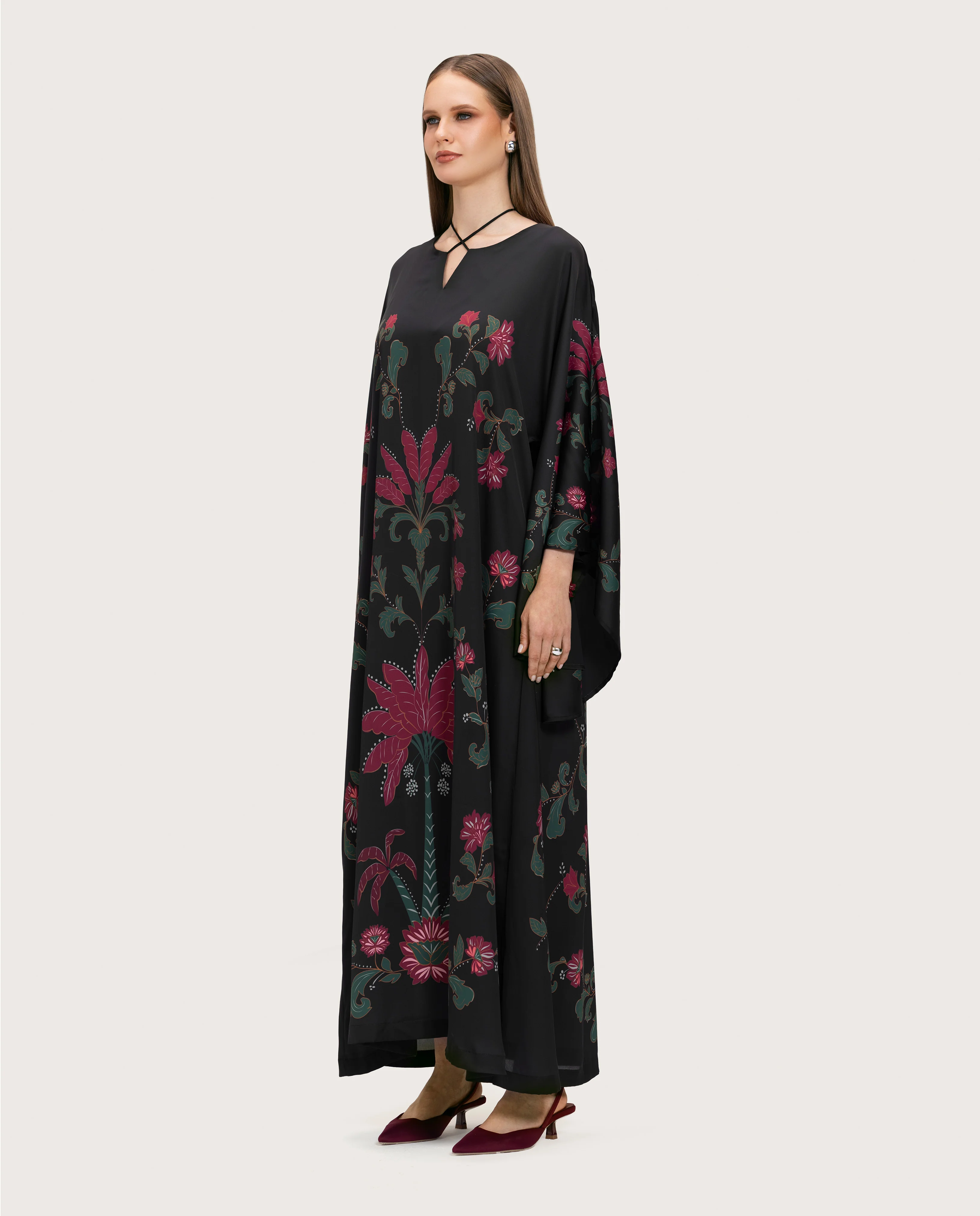 Satin Black Botanical Printed Kaftan - Image 6