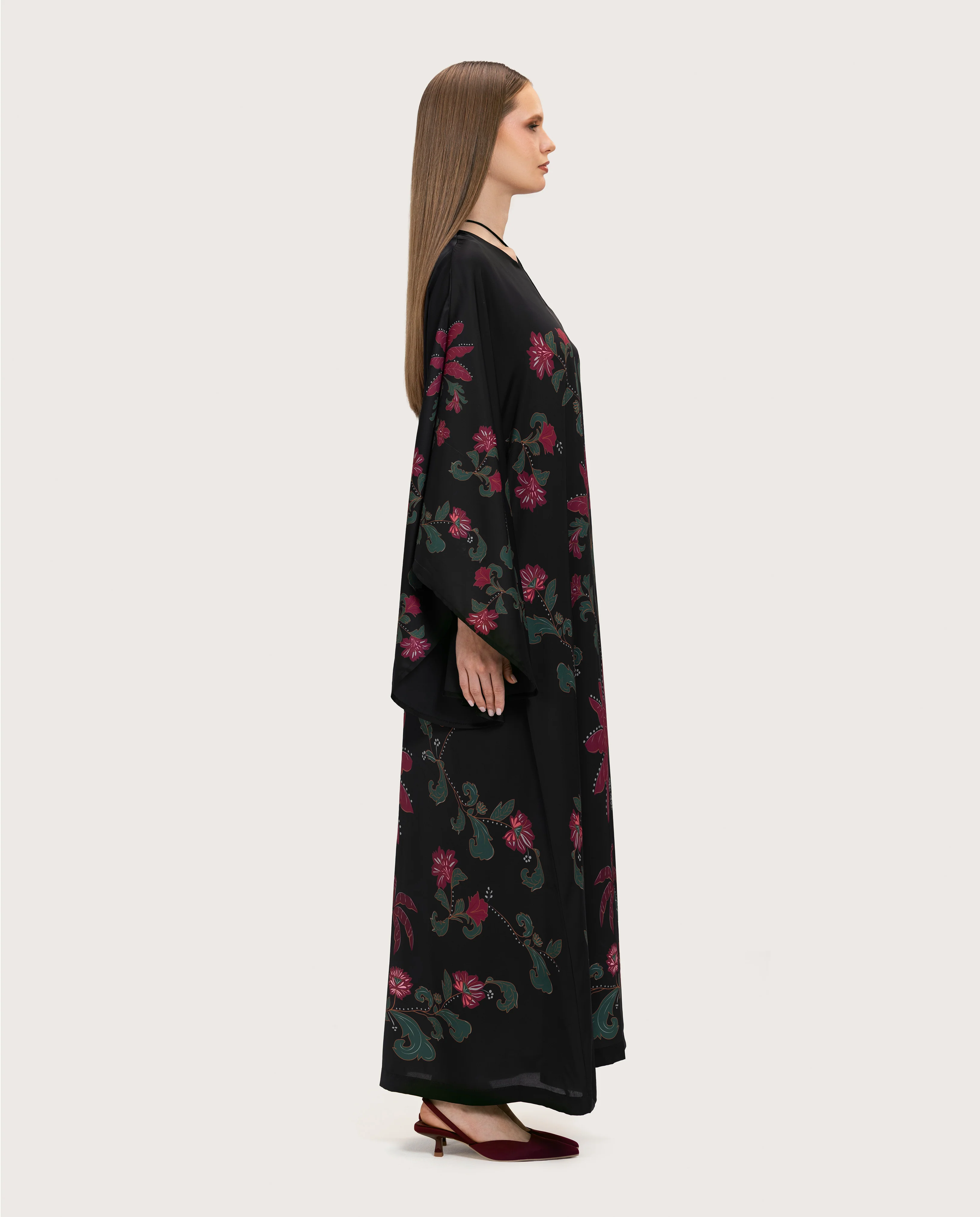 Satin Black Botanical Printed Kaftan - Image 7