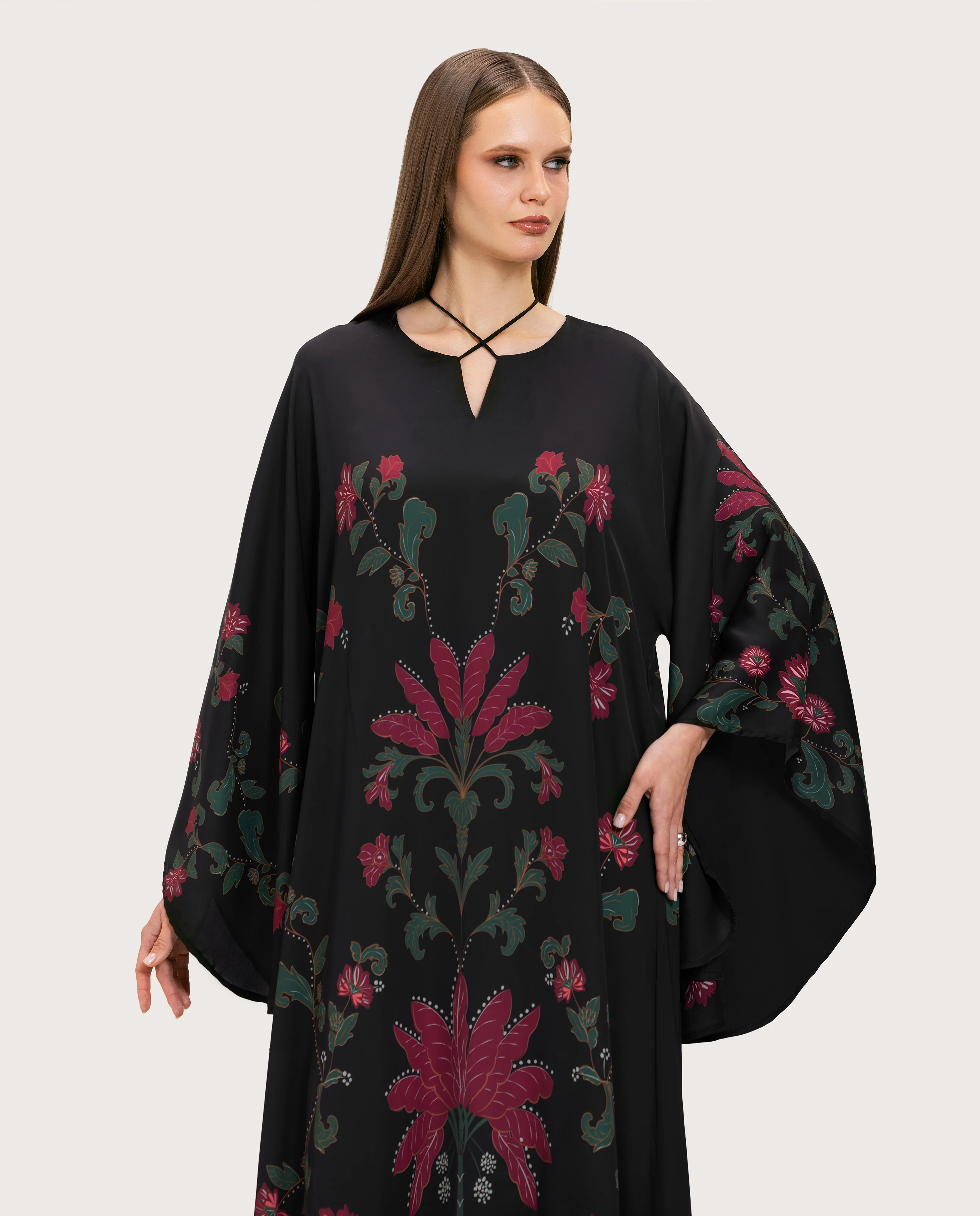 Satin Black Botanical Printed Kaftan - Image 9