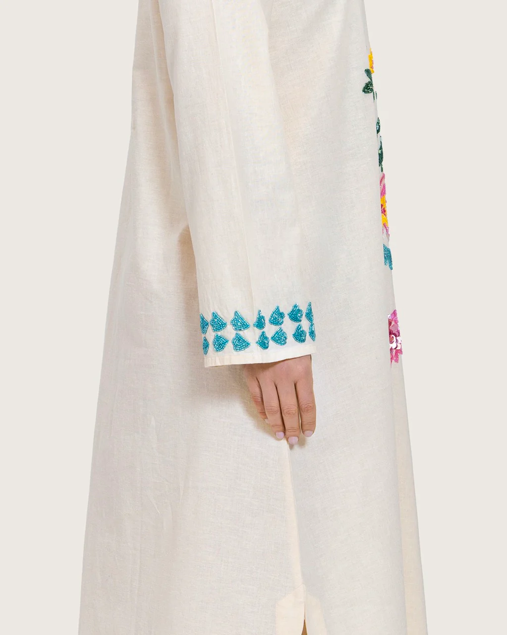 Soft Melon Linen Kaftan with Hand Embellishments and Scalloped Edges - Image 10