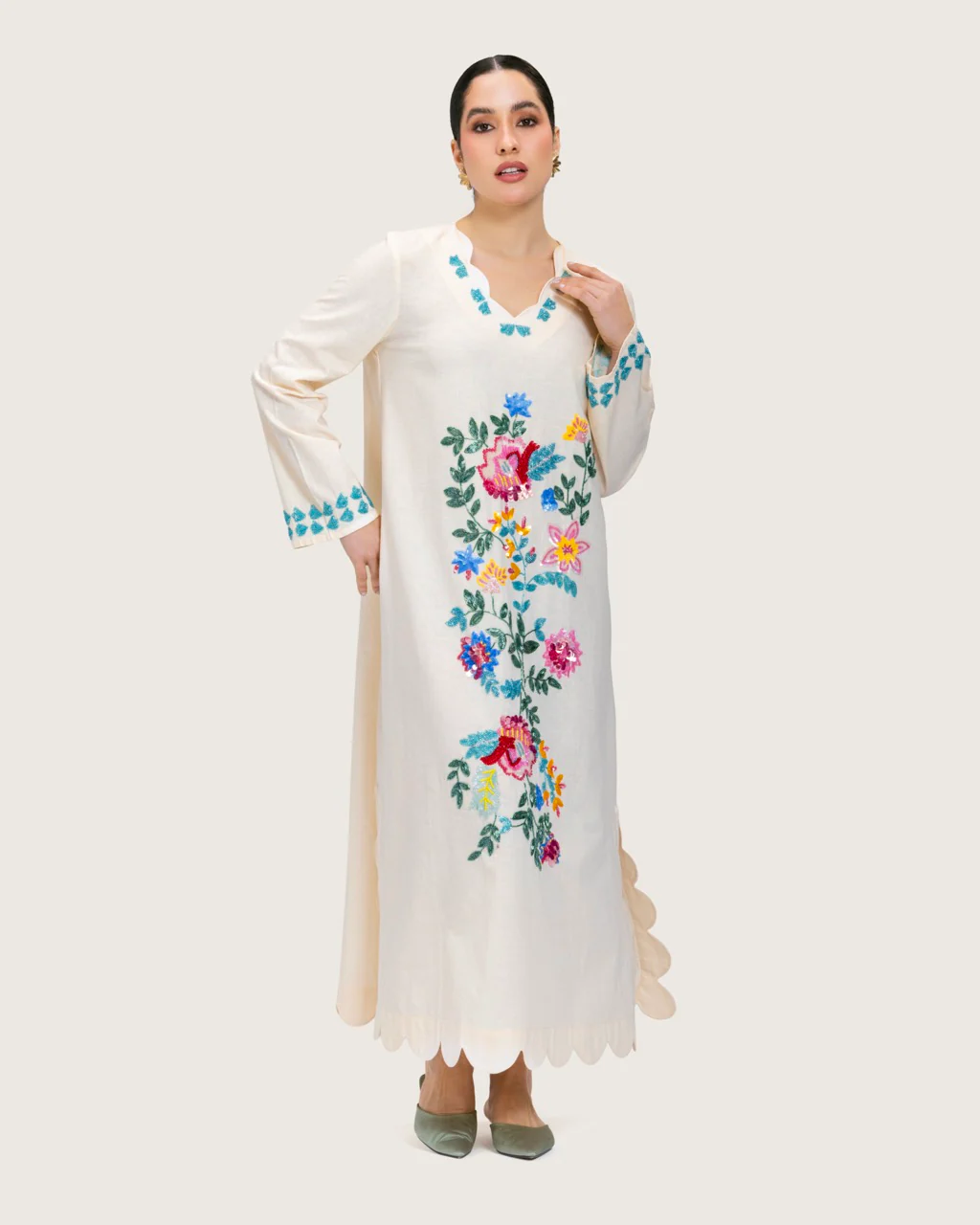 Soft Melon Linen Kaftan with Hand Embellishments and Scalloped Edges - Image 11