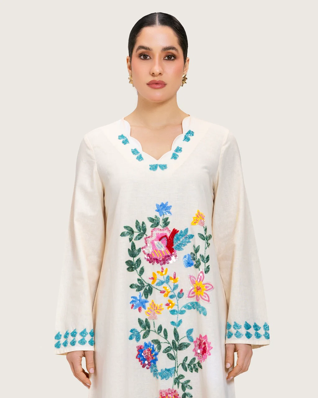 Soft Melon Linen Kaftan with Hand Embellishments and Scalloped Edges - Image 2