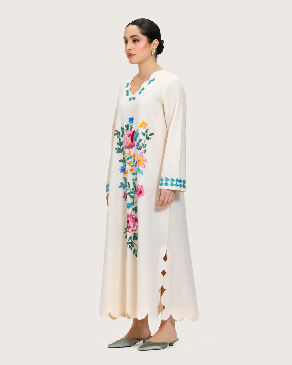 Soft Melon Linen Kaftan with Hand Embellishments and Scalloped Edges - Image 3