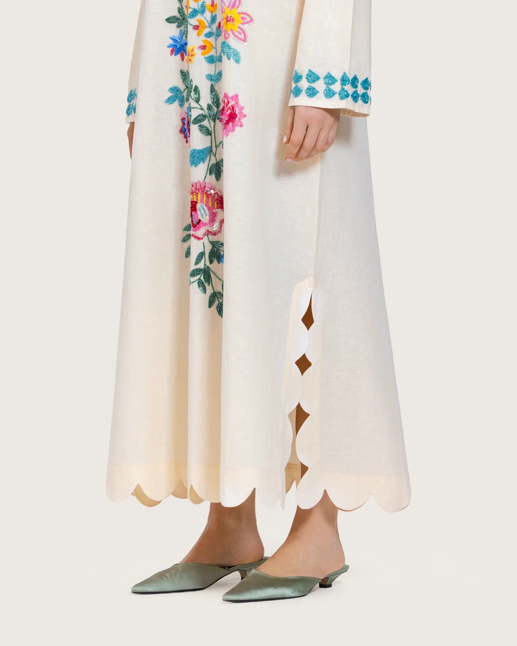 Soft Melon Linen Kaftan with Hand Embellishments and Scalloped Edges - Image 4