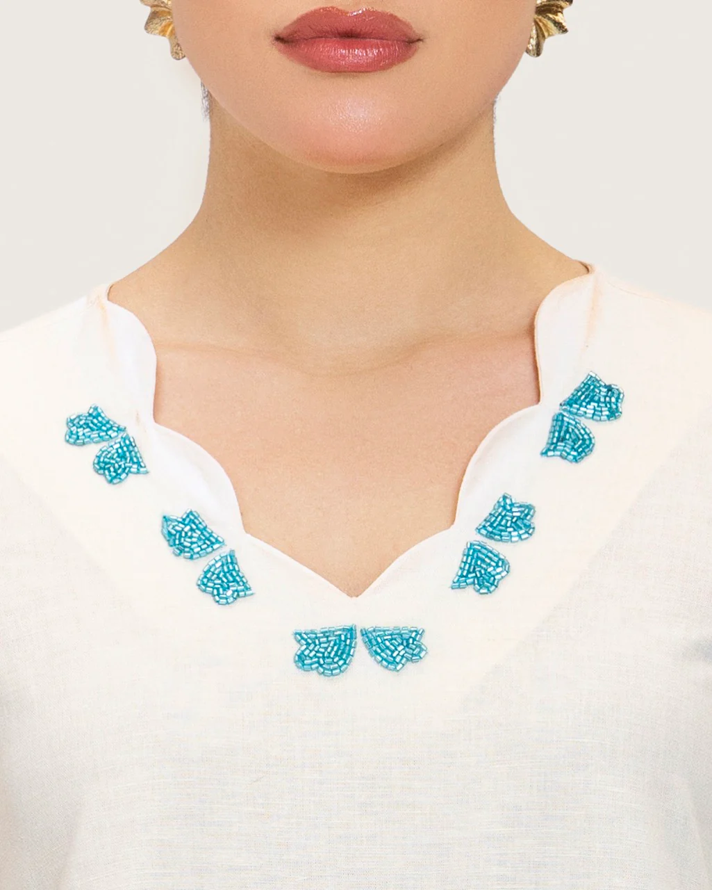 Soft Melon Linen Kaftan with Hand Embellishments and Scalloped Edges - Image 5