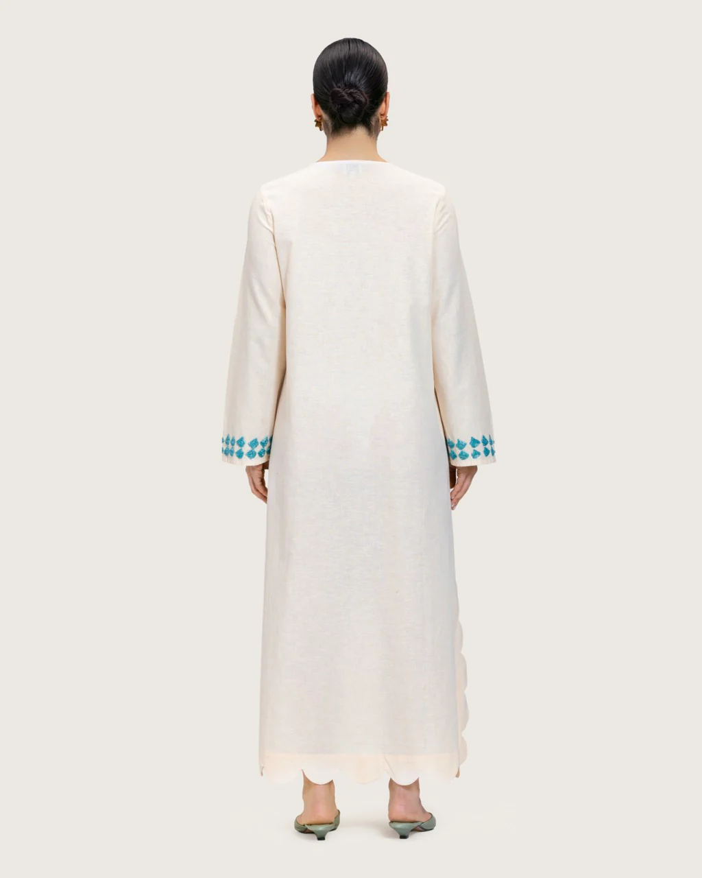 Soft Melon Linen Kaftan with Hand Embellishments and Scalloped Edges - Image 6