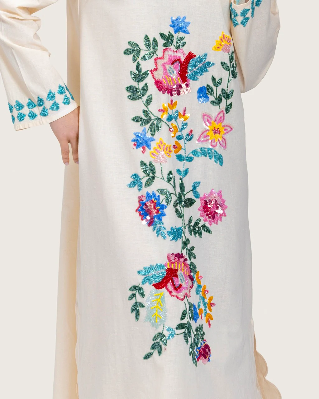 Soft Melon Linen Kaftan with Hand Embellishments and Scalloped Edges - Image 9