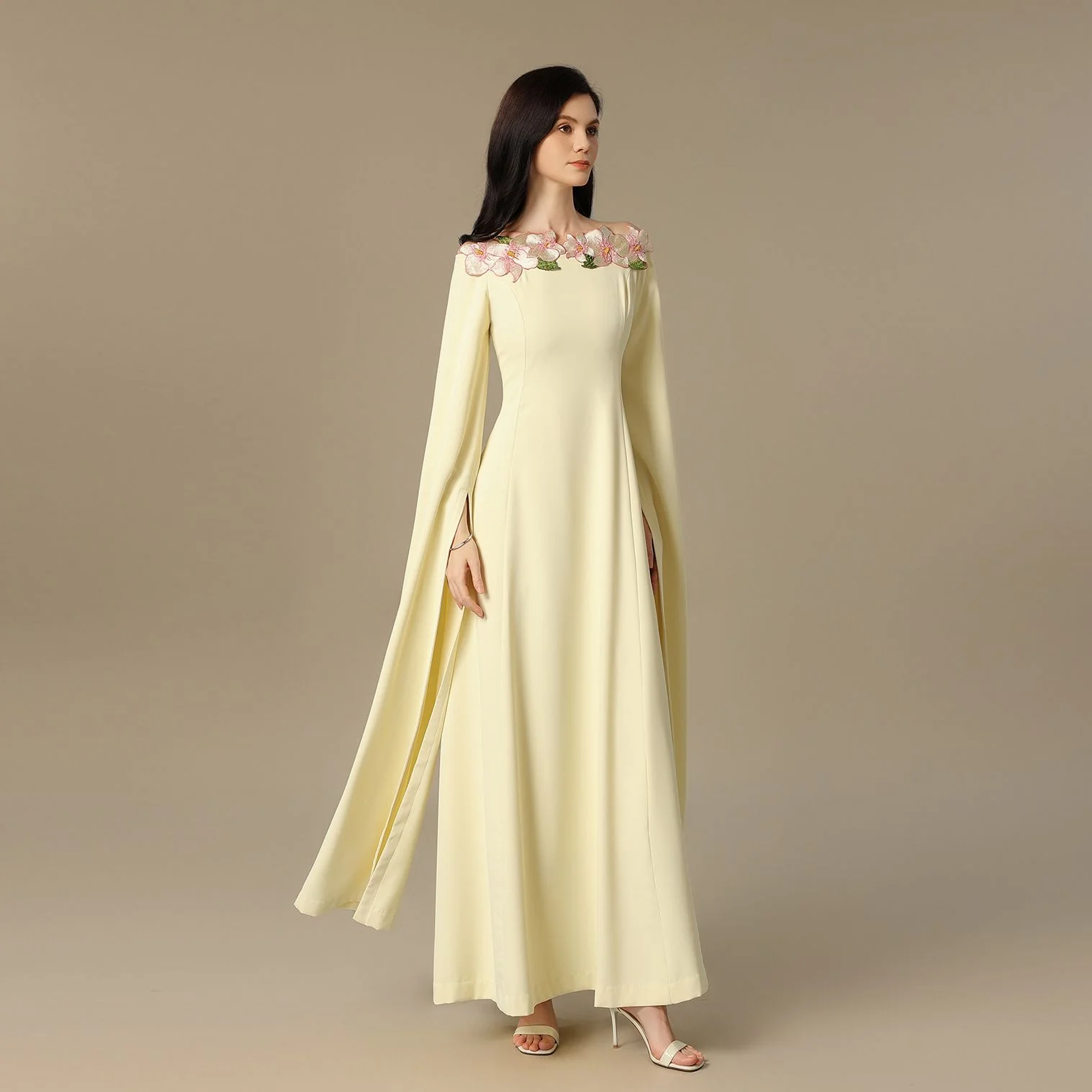 Soft Yellow Maxi Dress with Floral Embroidered Neckline - Image 2