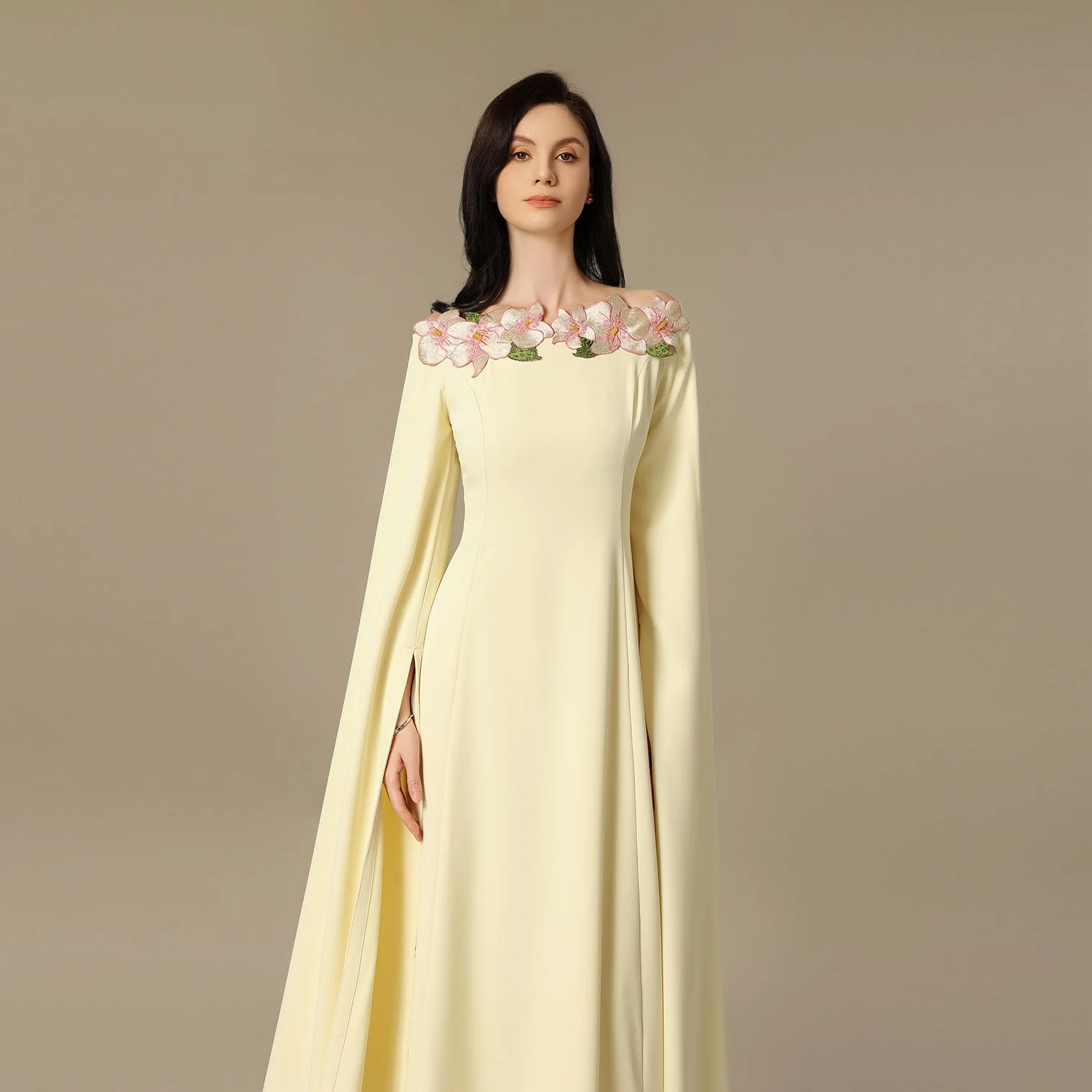 Soft Yellow Maxi Dress with Floral Embroidered Neckline - Image 3