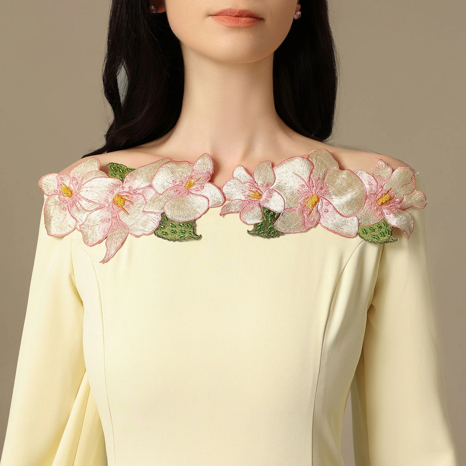 Soft Yellow Maxi Dress with Floral Embroidered Neckline - Image 4