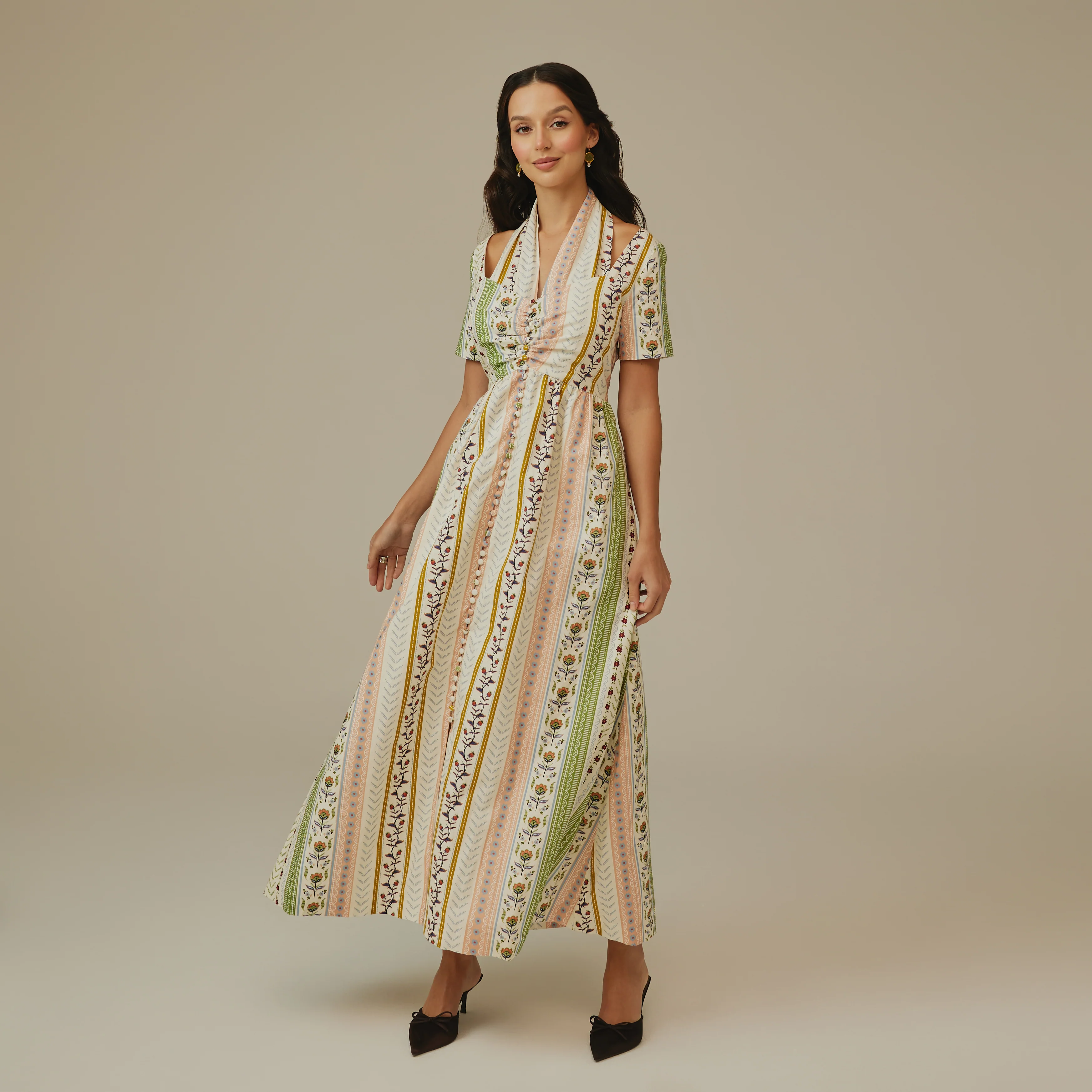 Striped Floral Linen Dress - Image 7
