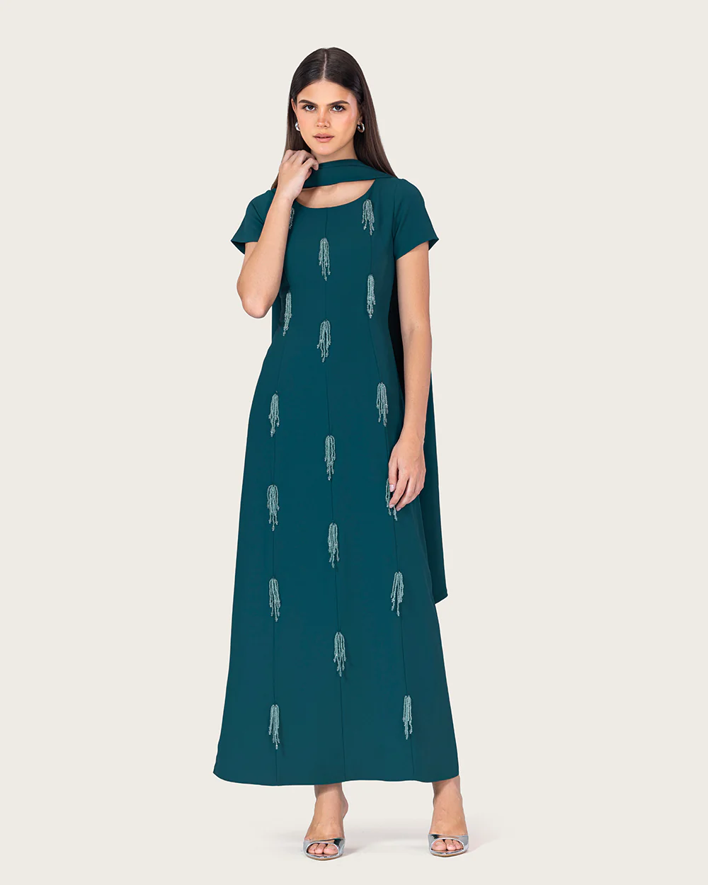 Teal Green Maxi Dress with Beaded Embellishments - Image 4