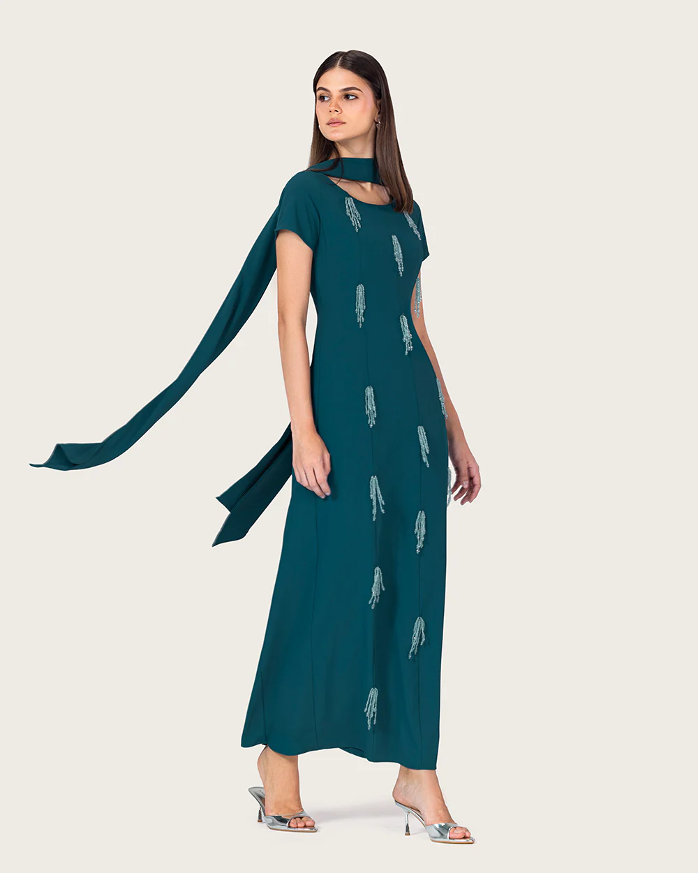 Teal Green Maxi Dress with Beaded Embellishments - Image 5