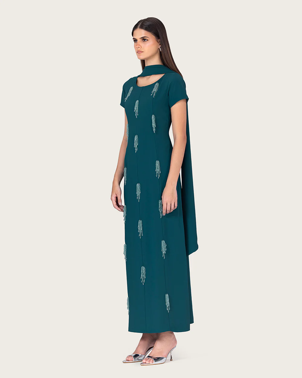 Teal Green Maxi Dress with Beaded Embellishments - Image 6