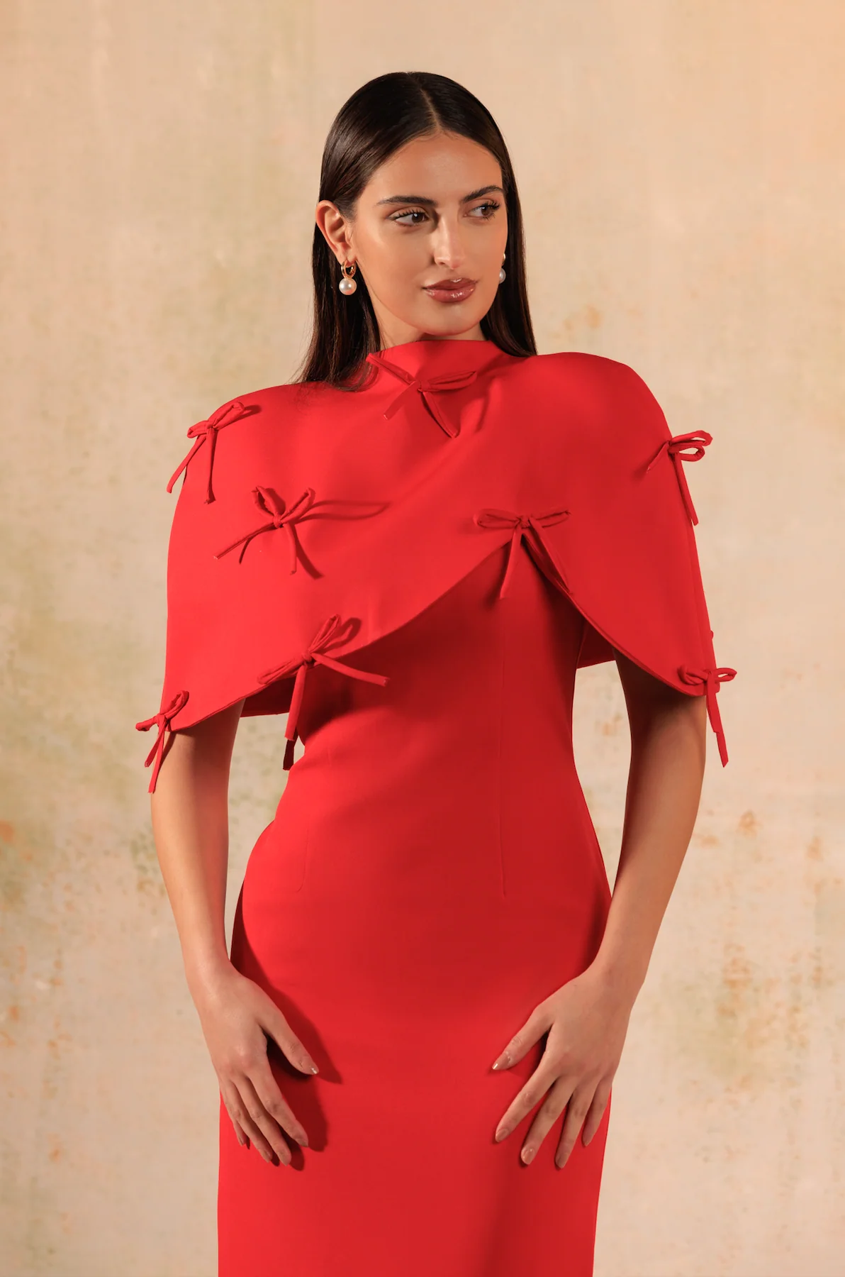 Red Maxi Crepe with Bow Decorations Dress - Image 3
