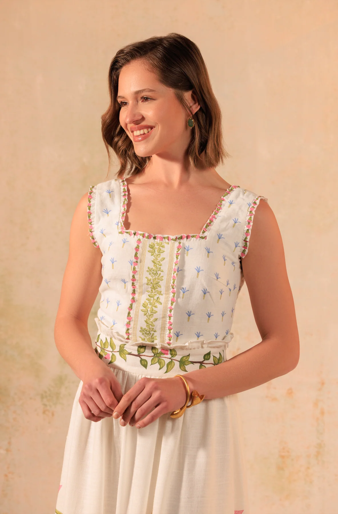Tropical Harmony: Floral Placement Printed Linen Top & Midi Skirt Set - Image 3