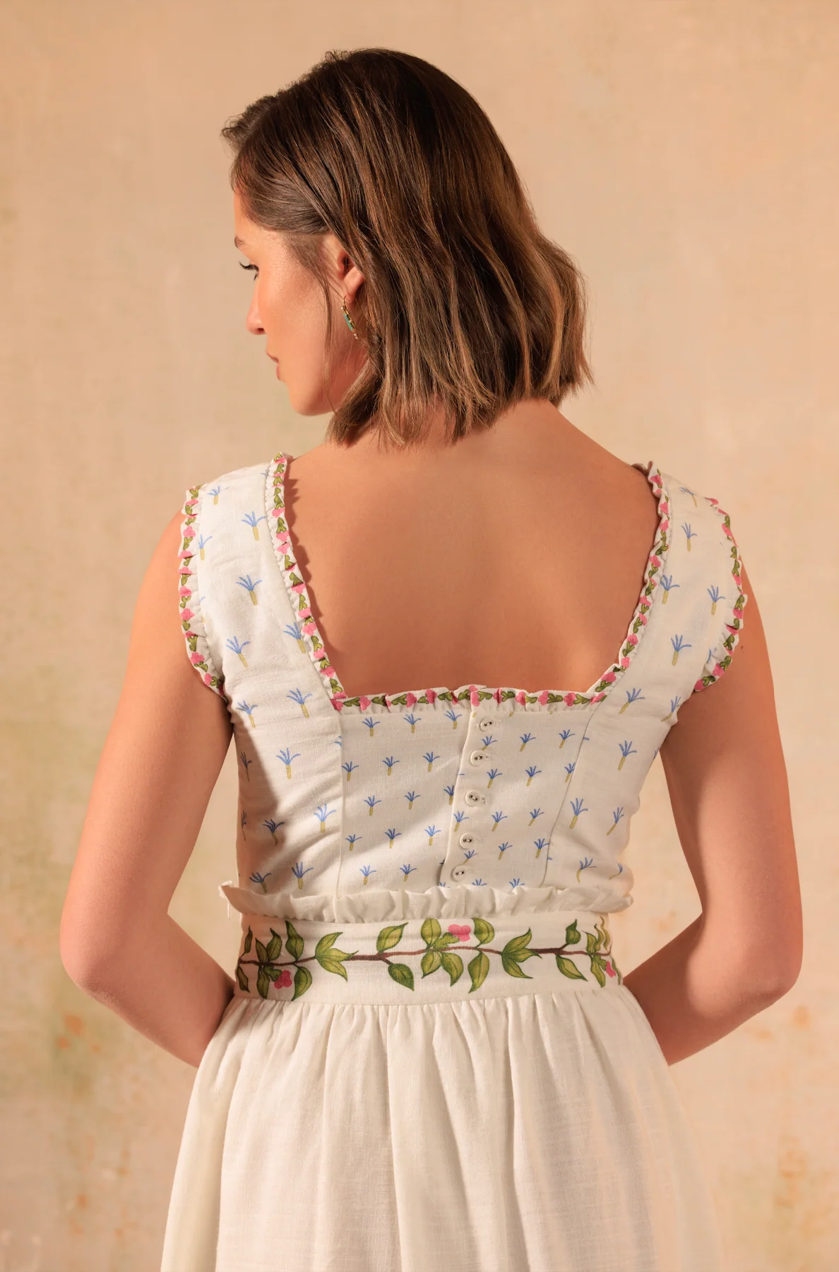 Tropical Harmony: Floral Placement Printed Linen Top & Midi Skirt Set - Image 6