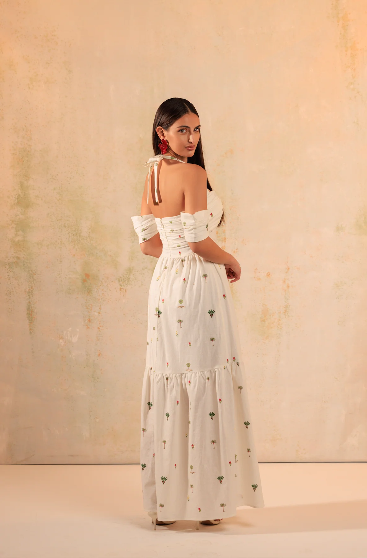White Tropical Whisper: Tie Neck Maxi Linen Dress - Image 3