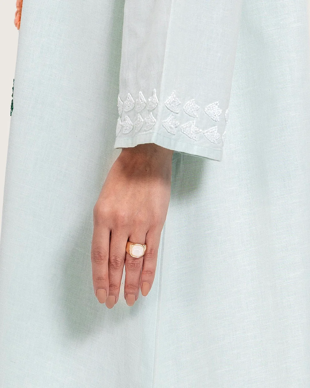 Turquoise Linen Kaftan with Hand Embellishments and Scalloped Edges - Image 10