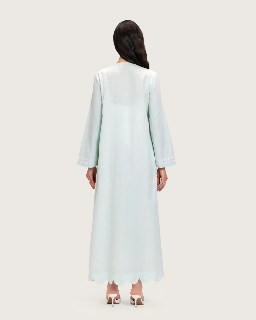 Turquoise Linen Kaftan with Hand Embellishments and Scalloped Edges - Image 11