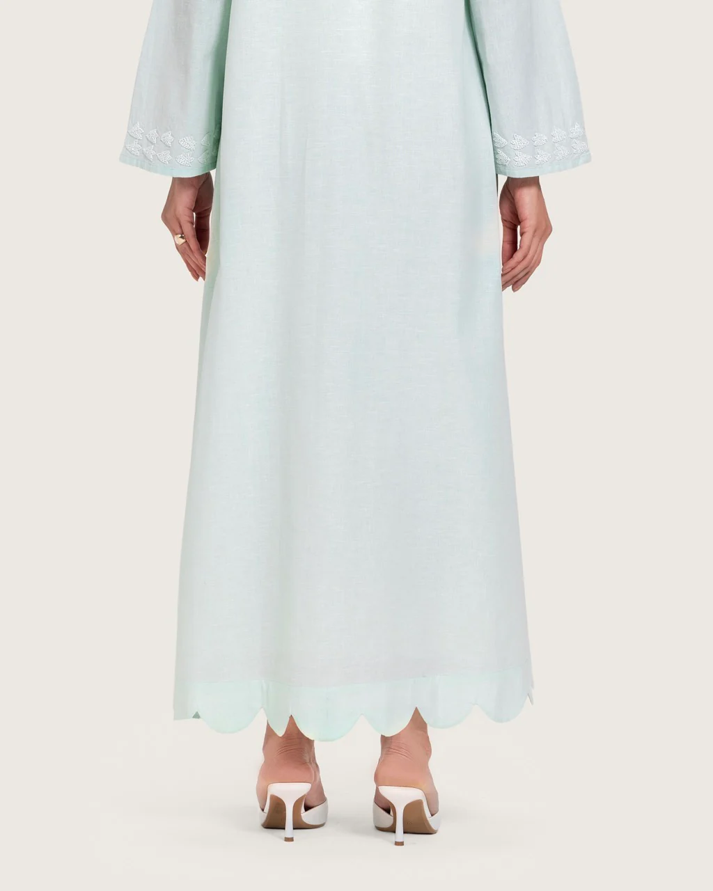 Turquoise Linen Kaftan with Hand Embellishments and Scalloped Edges - Image 12