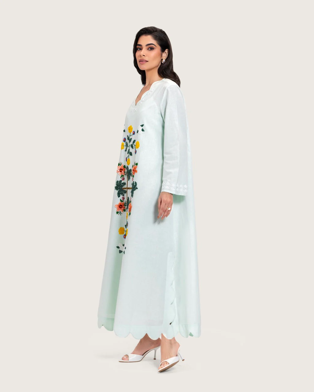 Turquoise Linen Kaftan with Hand Embellishments and Scalloped Edges - Image 13