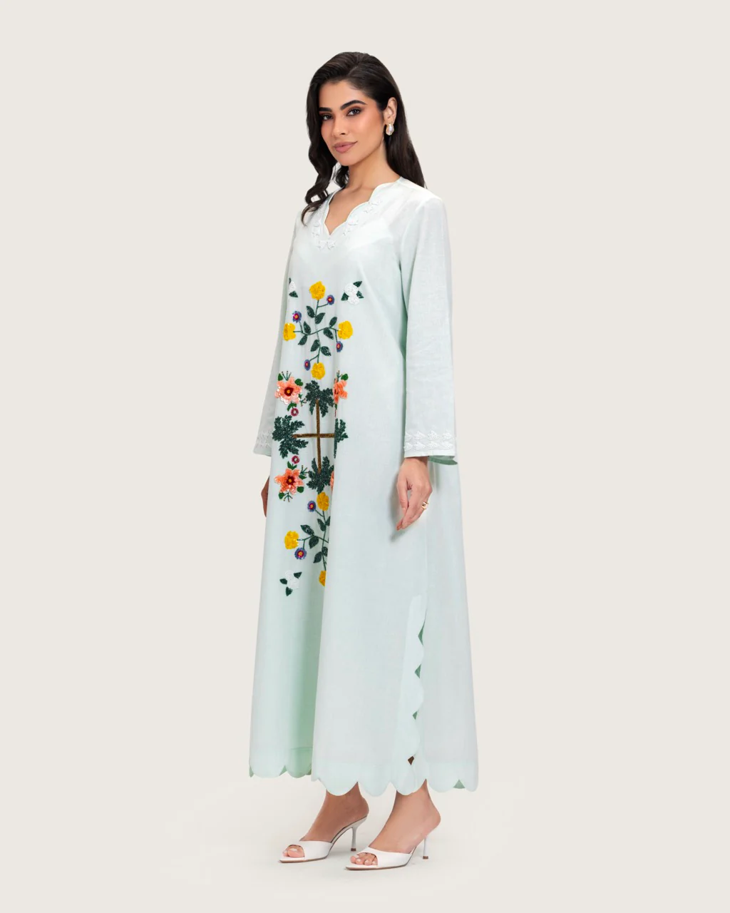 Turquoise Linen Kaftan with Hand Embellishments and Scalloped Edges - Image 2