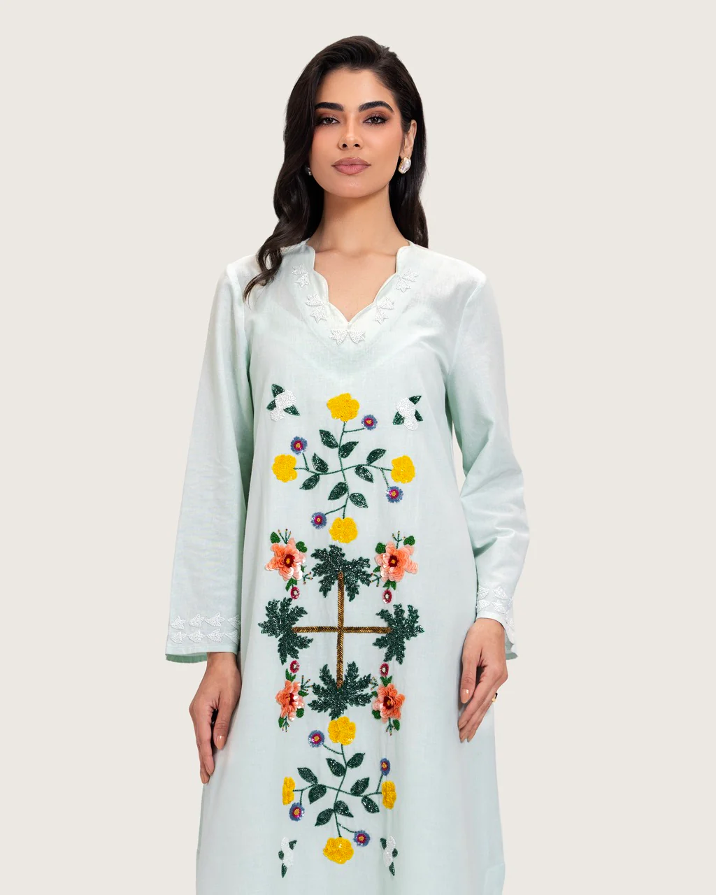 Turquoise Linen Kaftan with Hand Embellishments and Scalloped Edges - Image 3