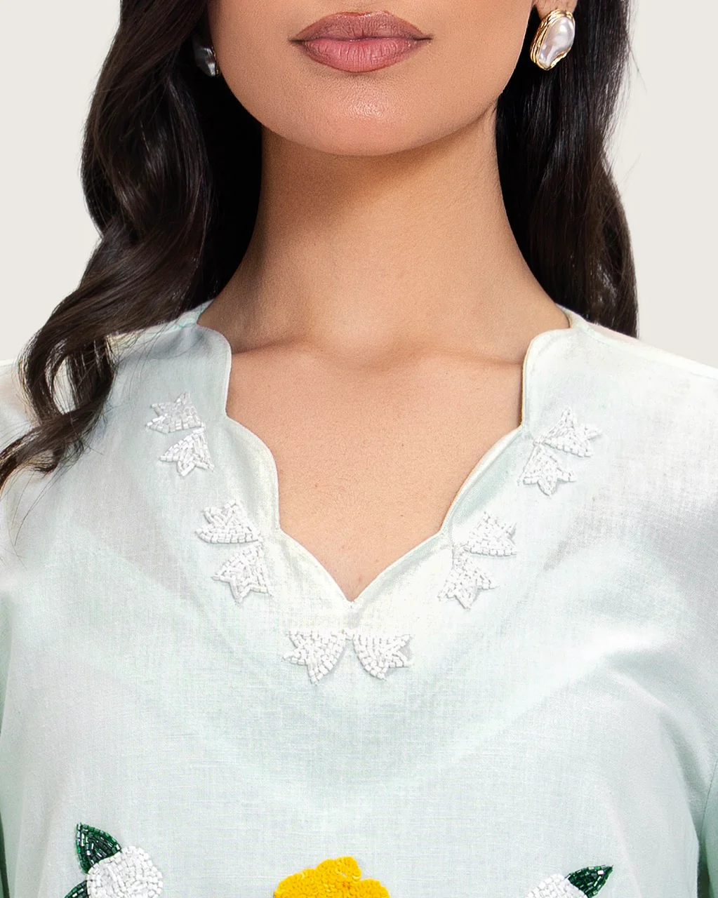 Turquoise Linen Kaftan with Hand Embellishments and Scalloped Edges - Image 4