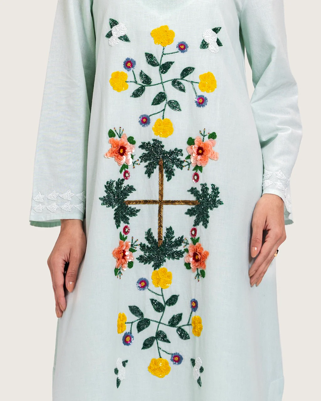 Turquoise Linen Kaftan with Hand Embellishments and Scalloped Edges - Image 5