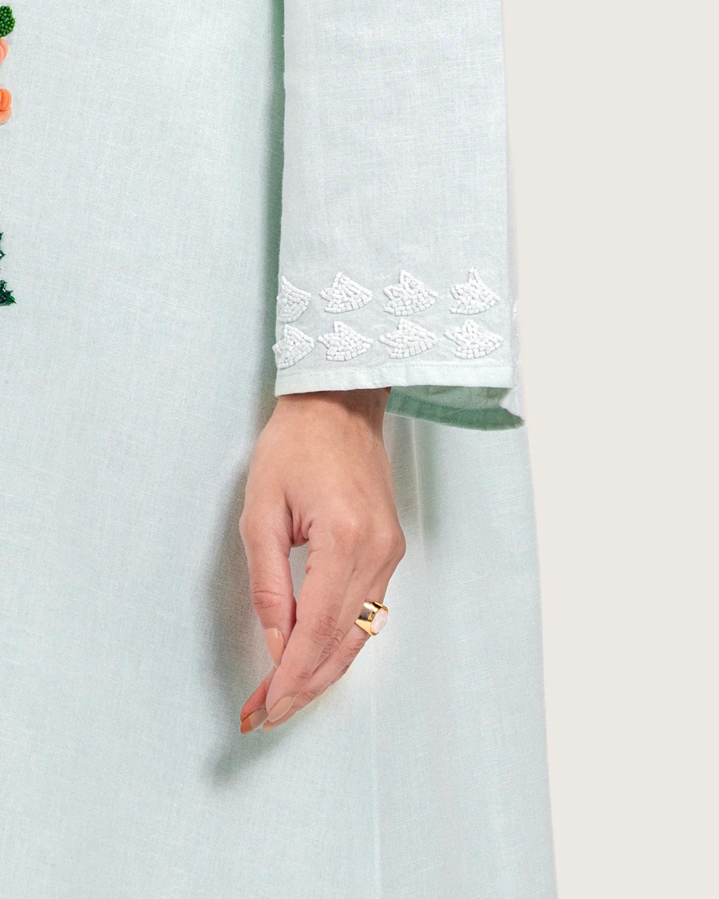 Turquoise Linen Kaftan with Hand Embellishments and Scalloped Edges - Image 6