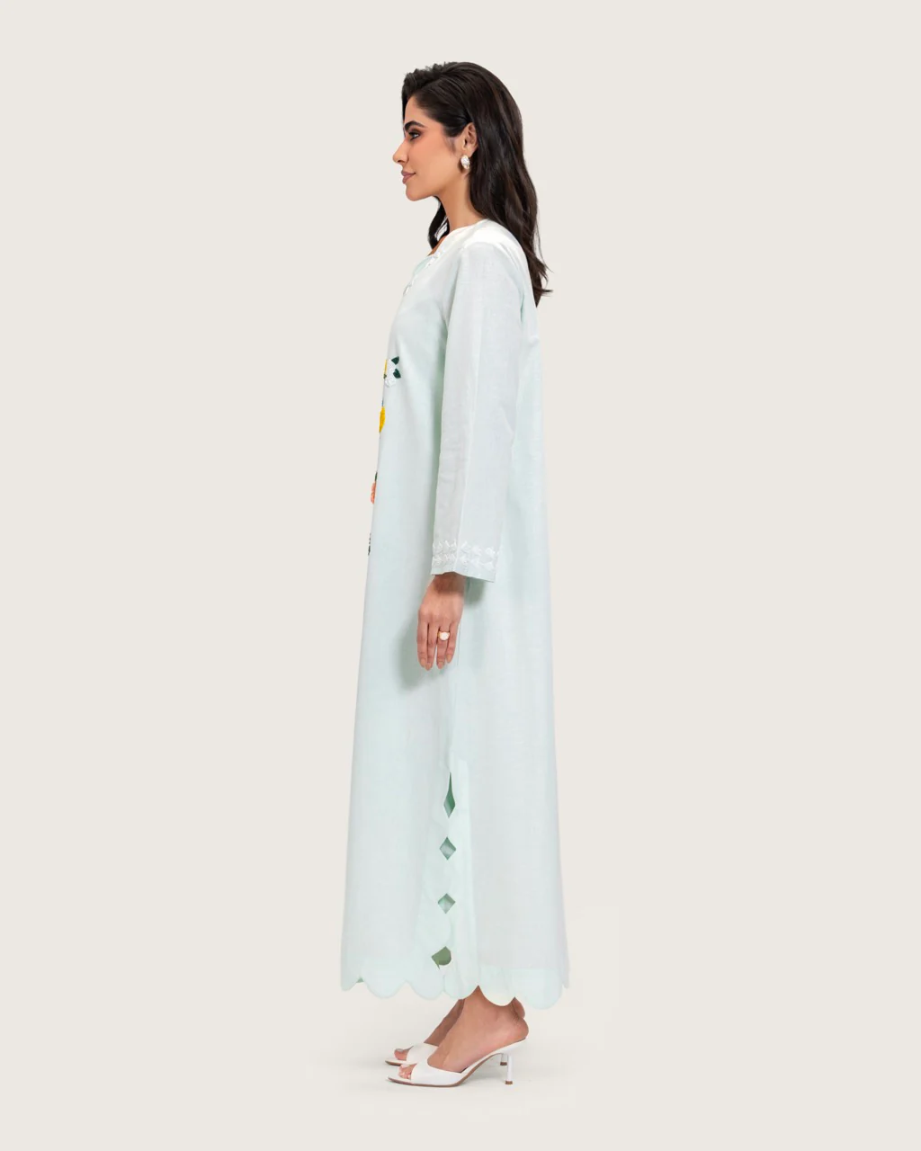 Turquoise Linen Kaftan with Hand Embellishments and Scalloped Edges - Image 7