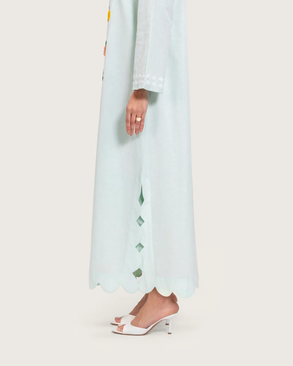 Turquoise Linen Kaftan with Hand Embellishments and Scalloped Edges - Image 8
