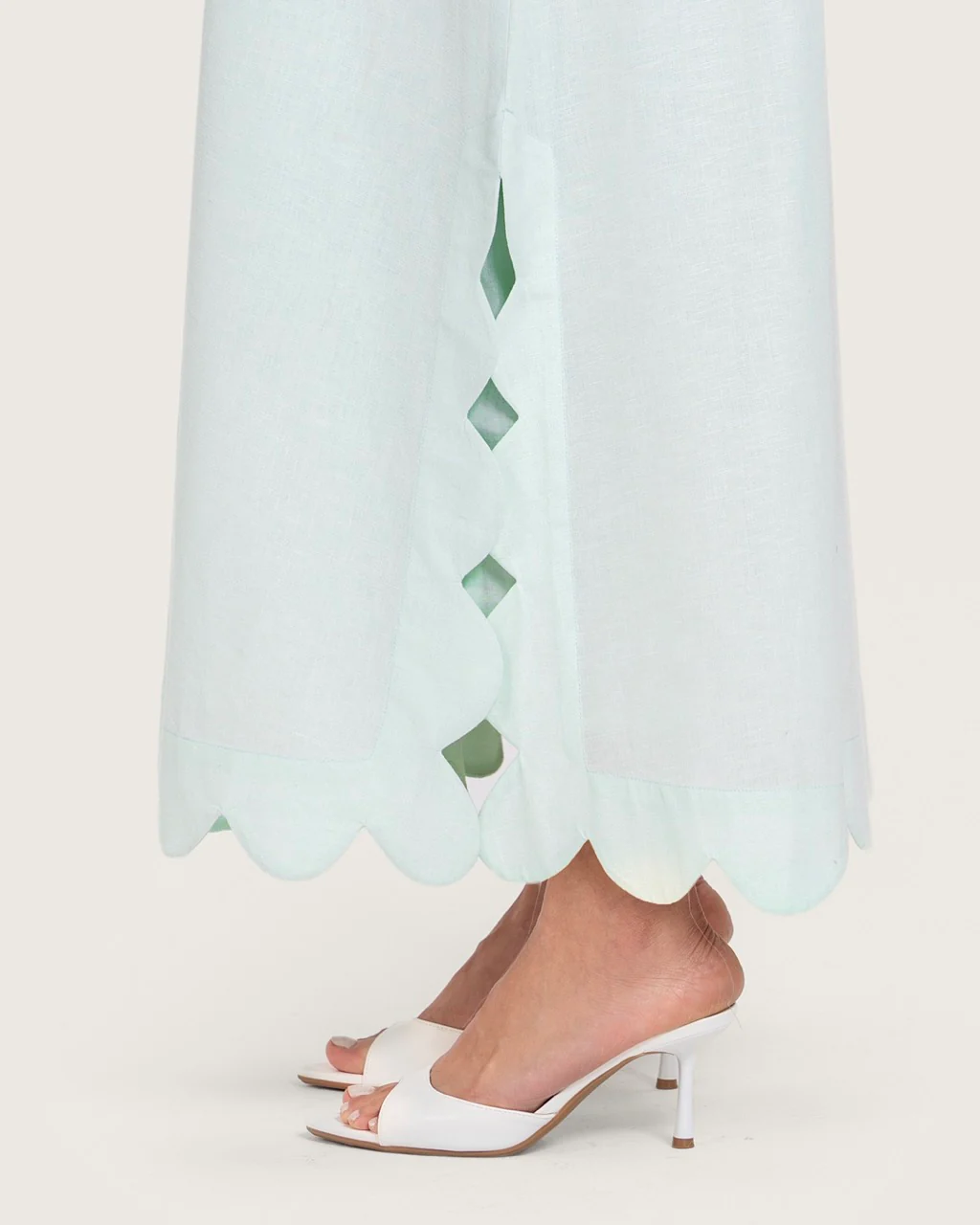 Turquoise Linen Kaftan with Hand Embellishments and Scalloped Edges - Image 9
