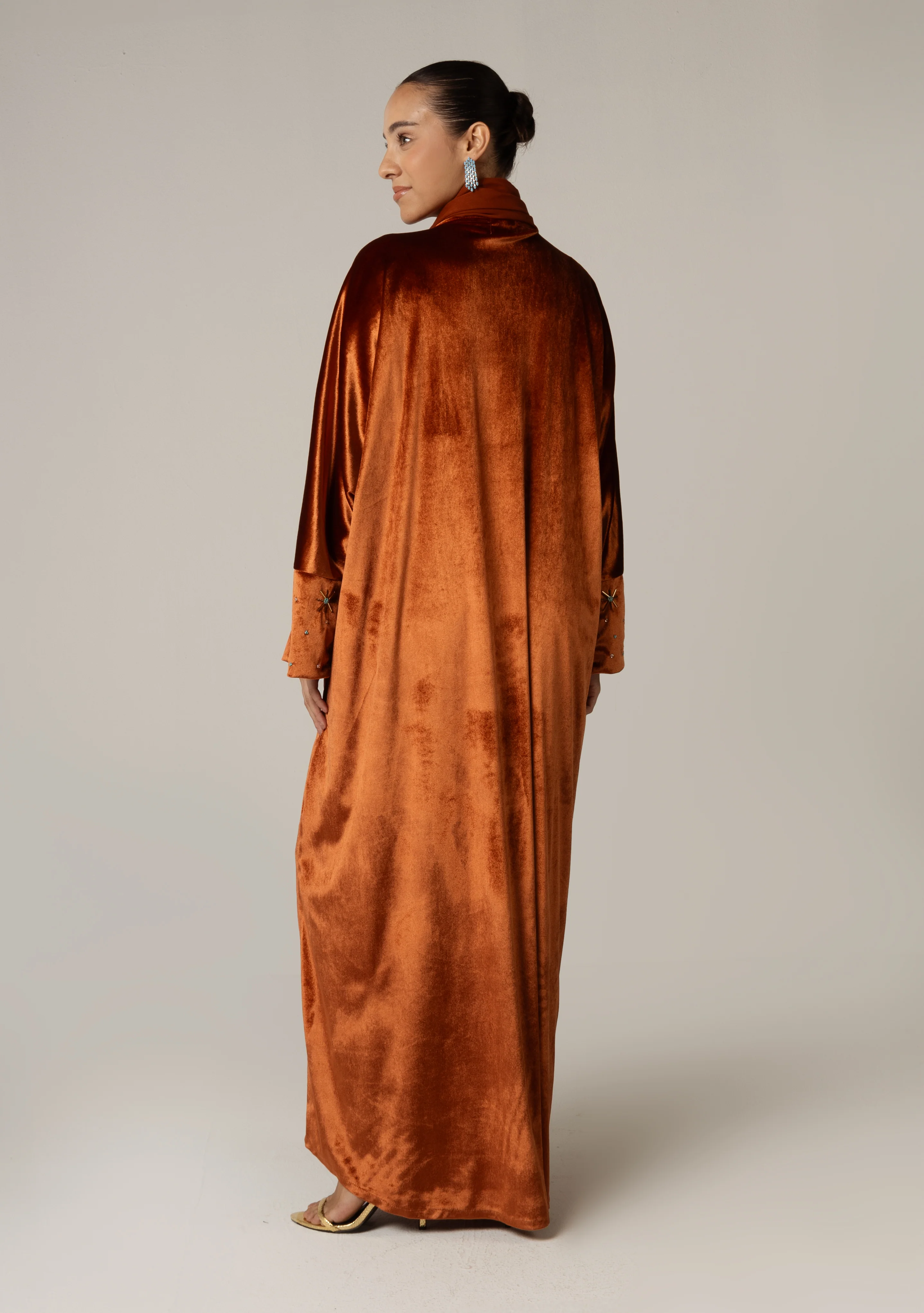 Velvet Loose Fit Abaya with Embellishments -  Brown - Image 3