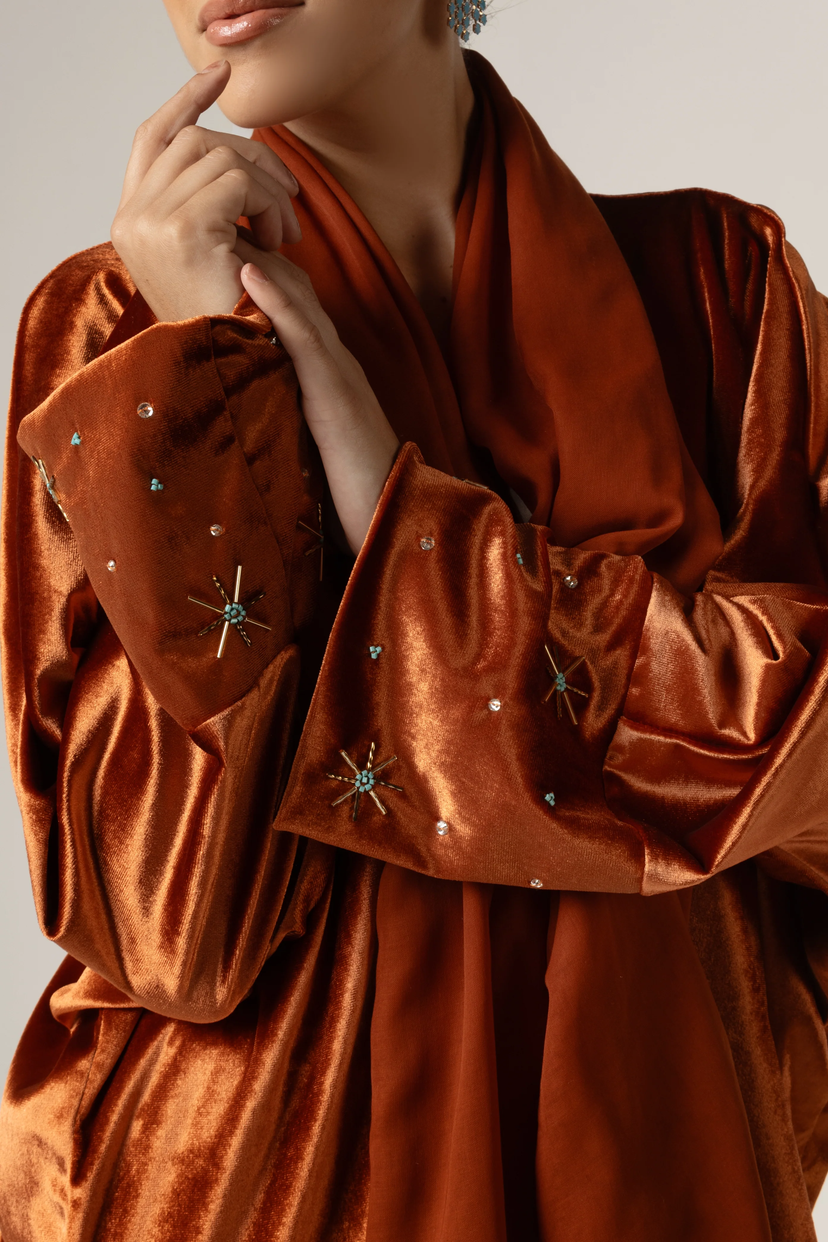 Velvet Loose Fit Abaya with Embellishments -  Brown - Image 4