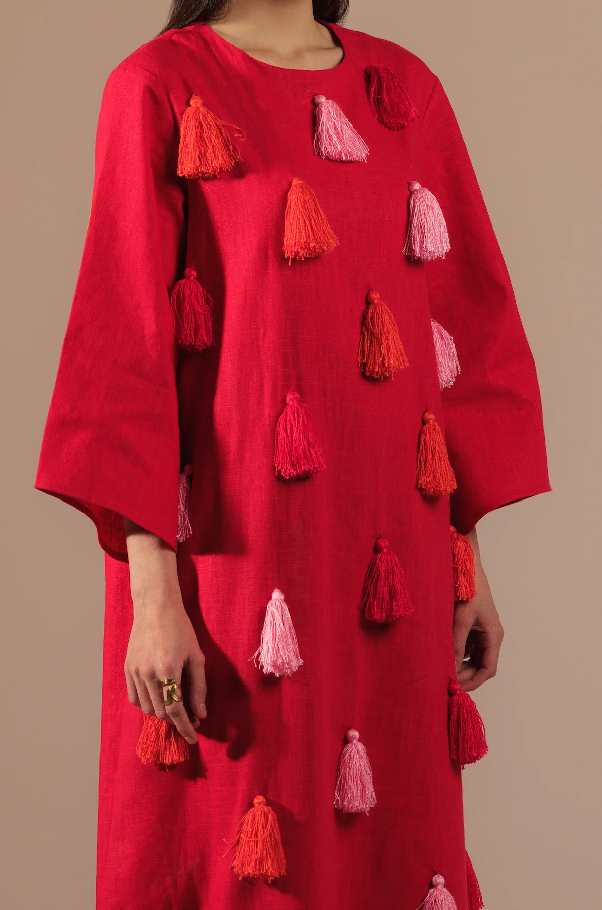 Fuchsia Vibrant Linen  with Diagonal Tassels in Pink and Orange Kaftan - Image 3