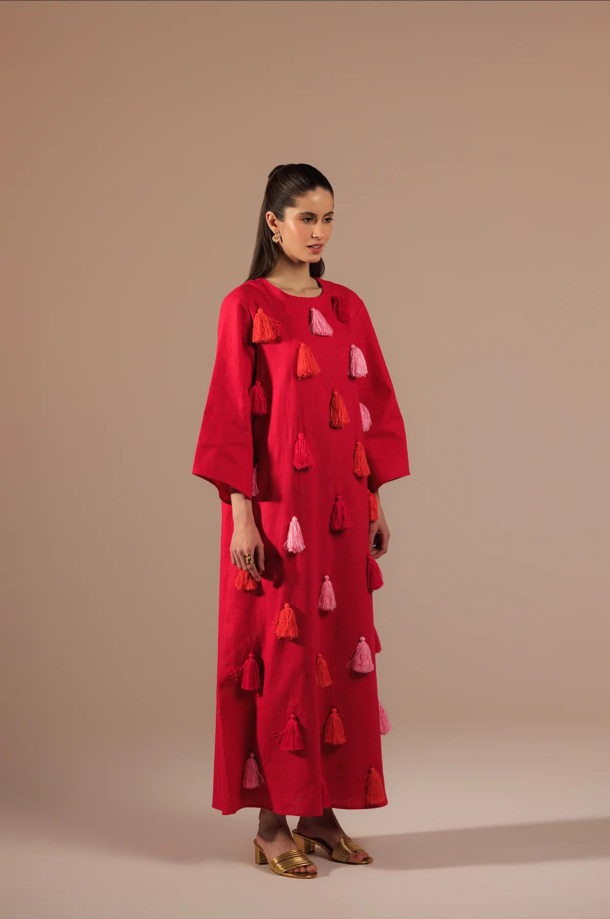 Fuchsia Vibrant Linen  with Diagonal Tassels in Pink and Orange Kaftan - Image 4