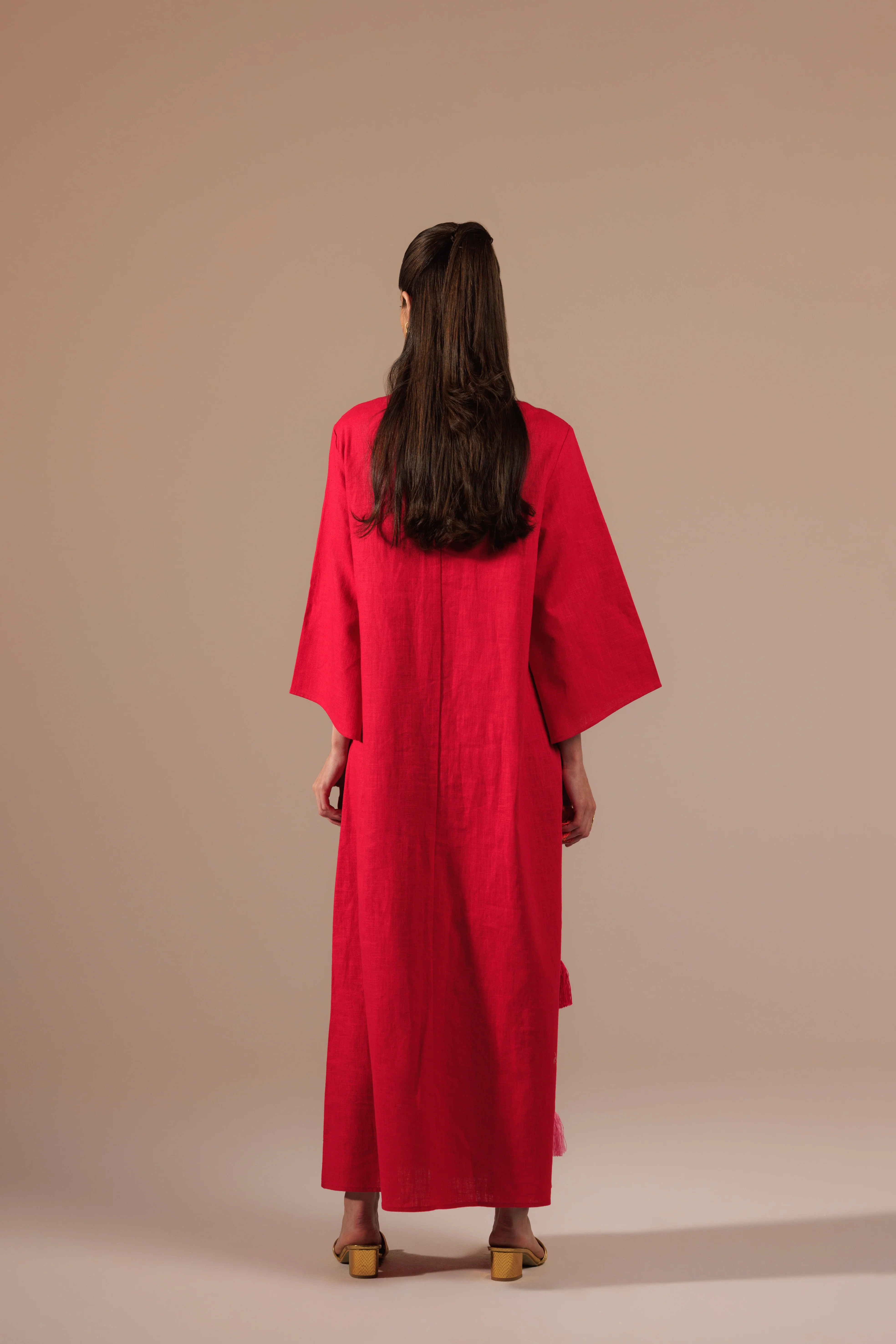 Fuchsia Vibrant Linen  with Diagonal Tassels in Pink and Orange Kaftan - Image 5