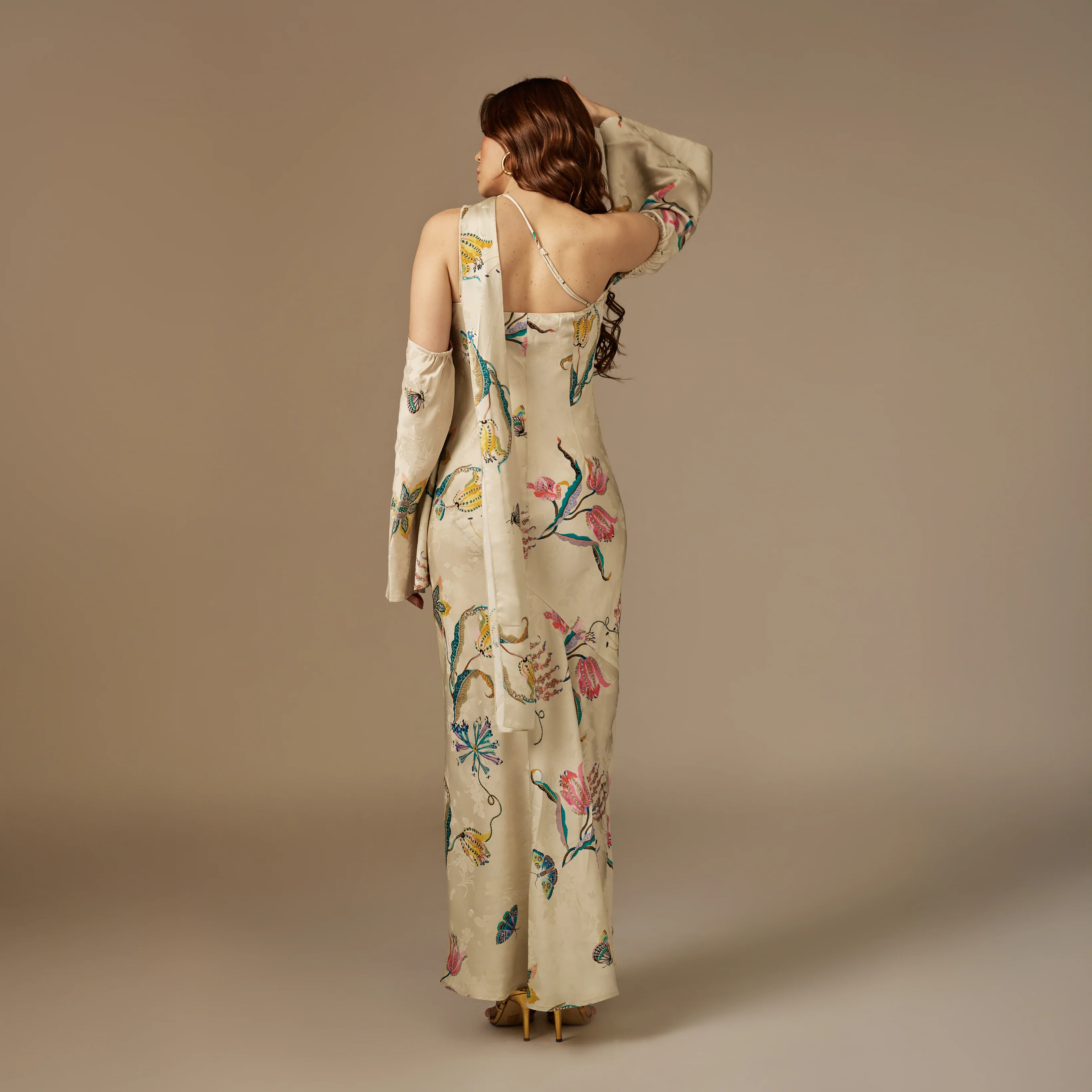 Beige Satin Jacquard Whimsical Blooms Dress - Image 3