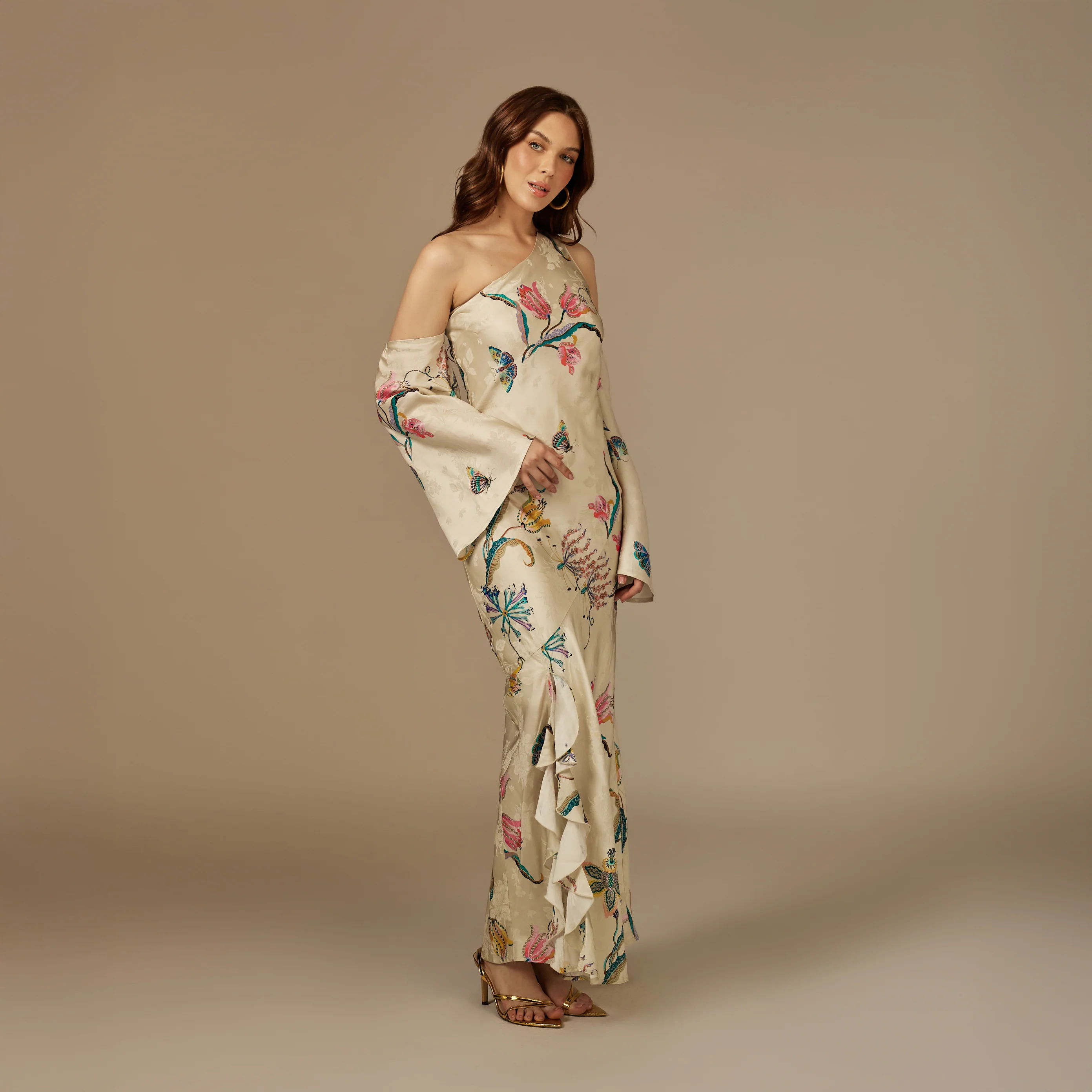 Beige Satin Jacquard Whimsical Blooms Dress - Image 4