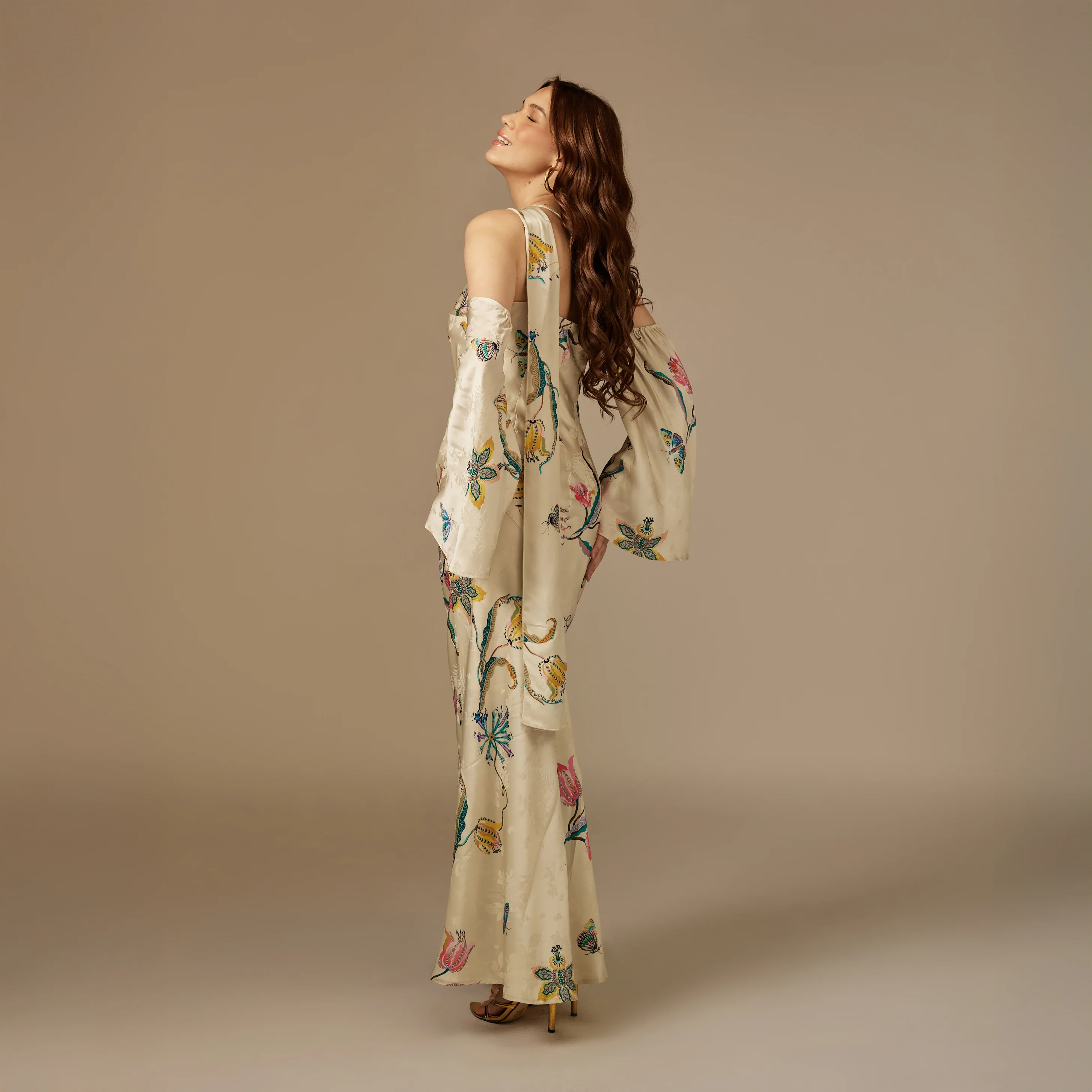 Beige Satin Jacquard Whimsical Blooms Dress - Image 5